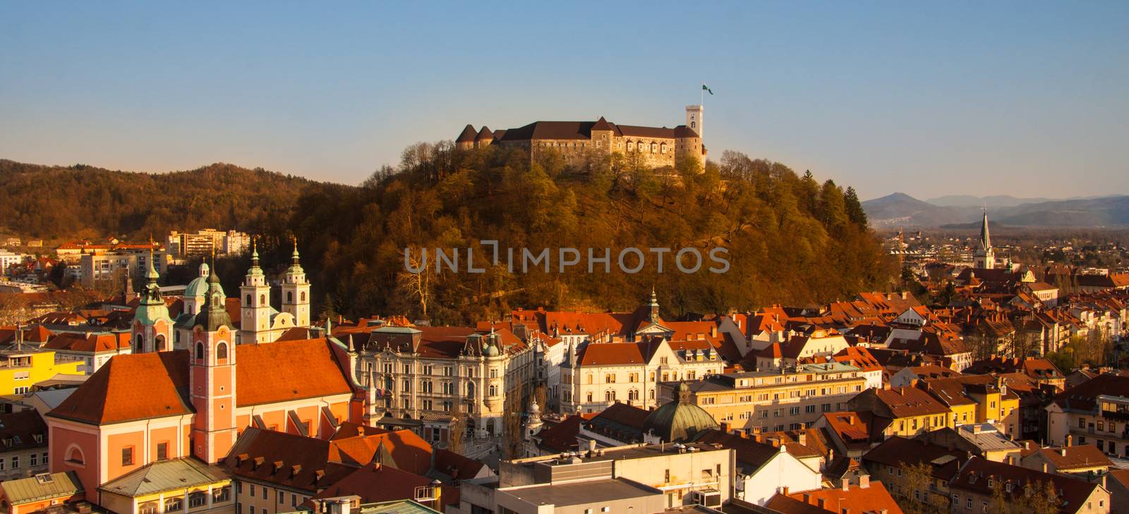 Panorama of the Slovenian capital Ljubljana at sunset