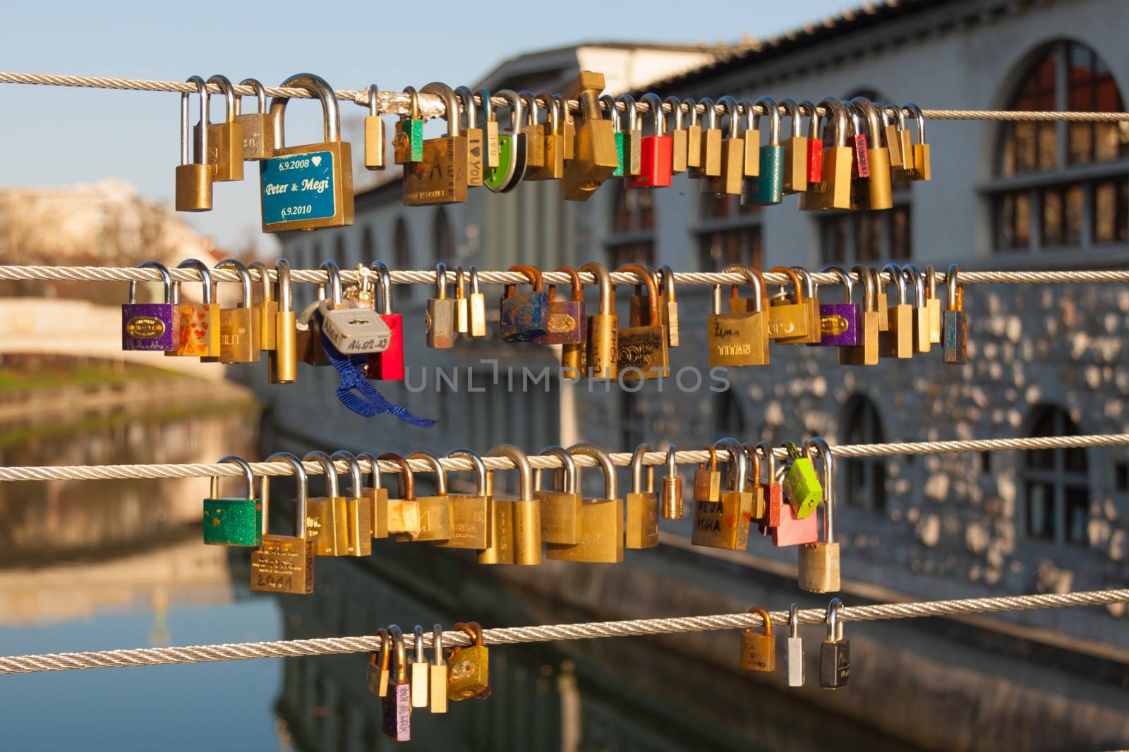 Love locks locked on the fence of the bridge in Ljubljana, Slovenia
