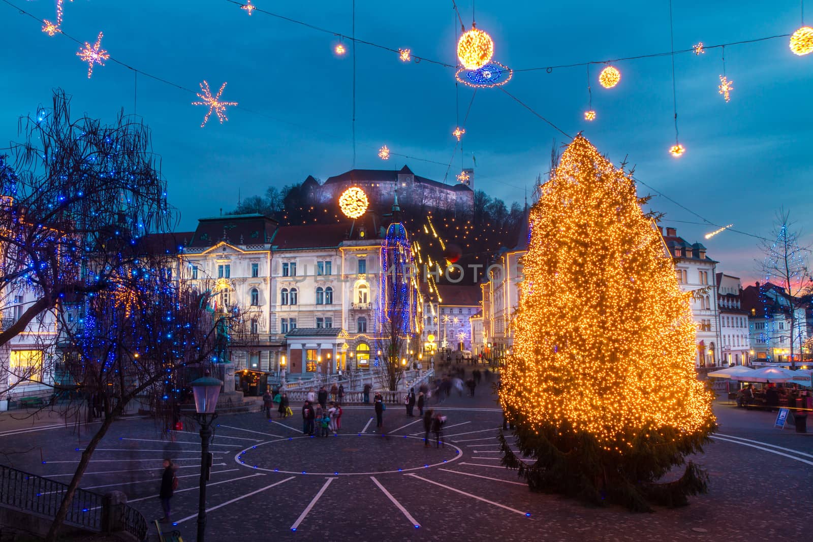 Romantic Ljubljana's city center  decorated for Christmas holiday. Preseren's square, Ljubljana, Slovenia, Europe.