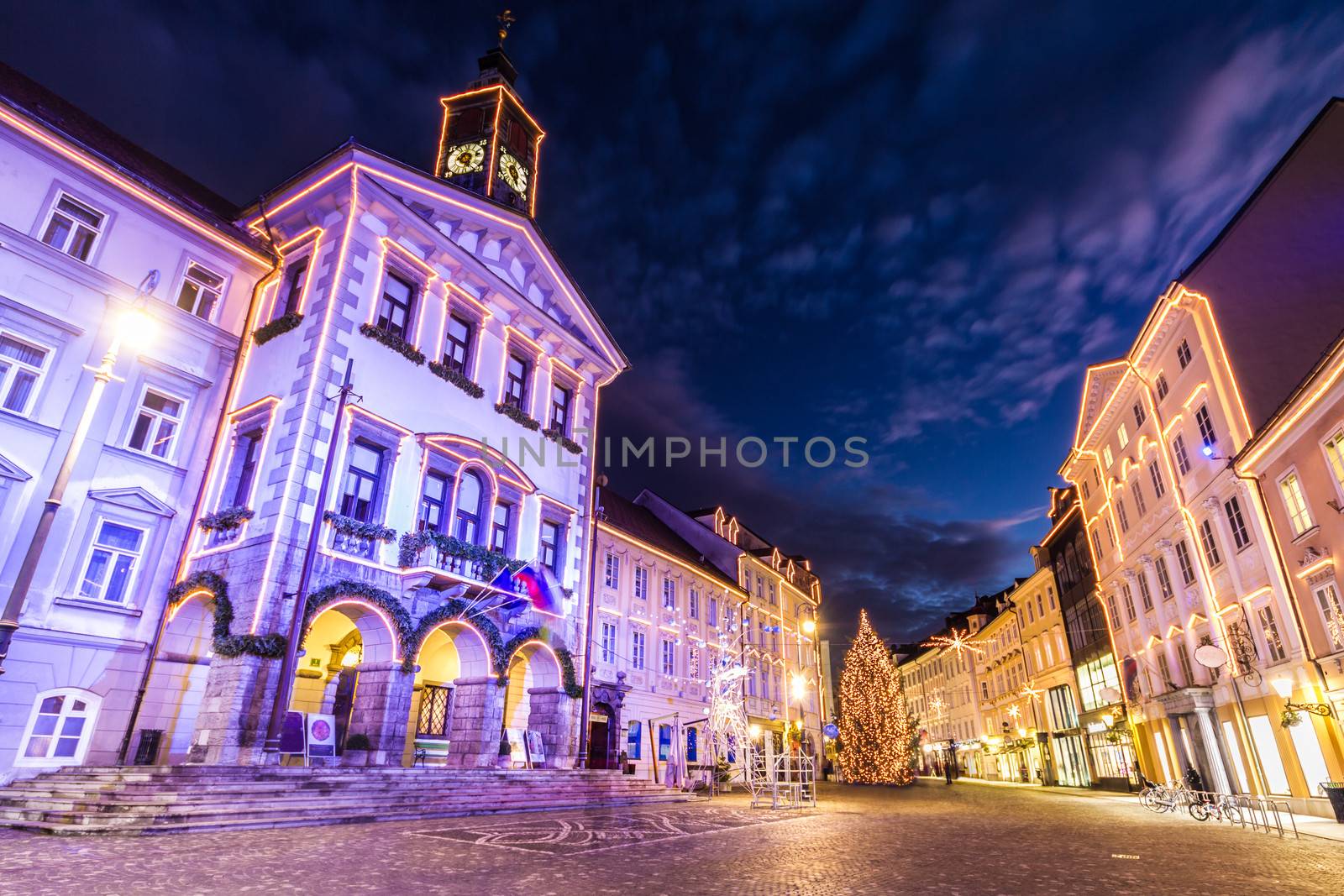 Romantic Ljubljana's city centre, the capital of Slovenia, decorated for Christmas holidays. City Hall.