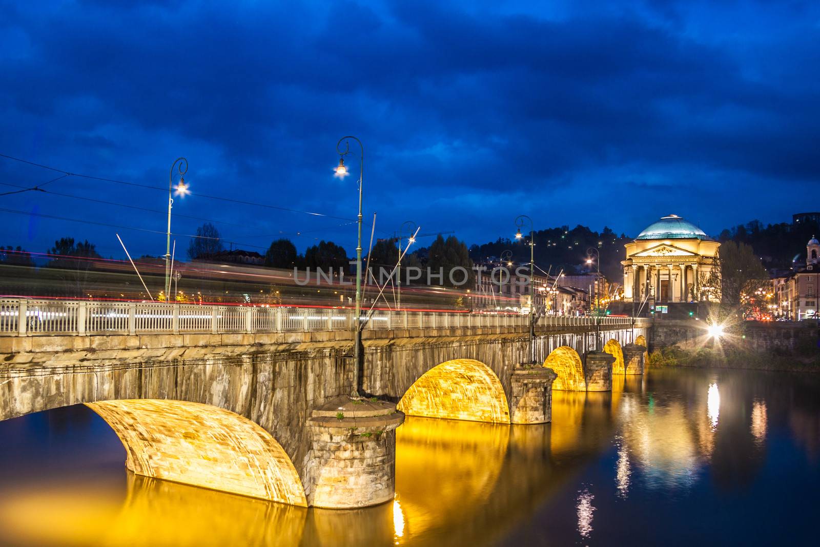 Panoramic view of bridge Vittorio Emanuele I and Chiesa della Gran Madre di Dio church in Turin, Italy, Europe. Shot in he dusk.