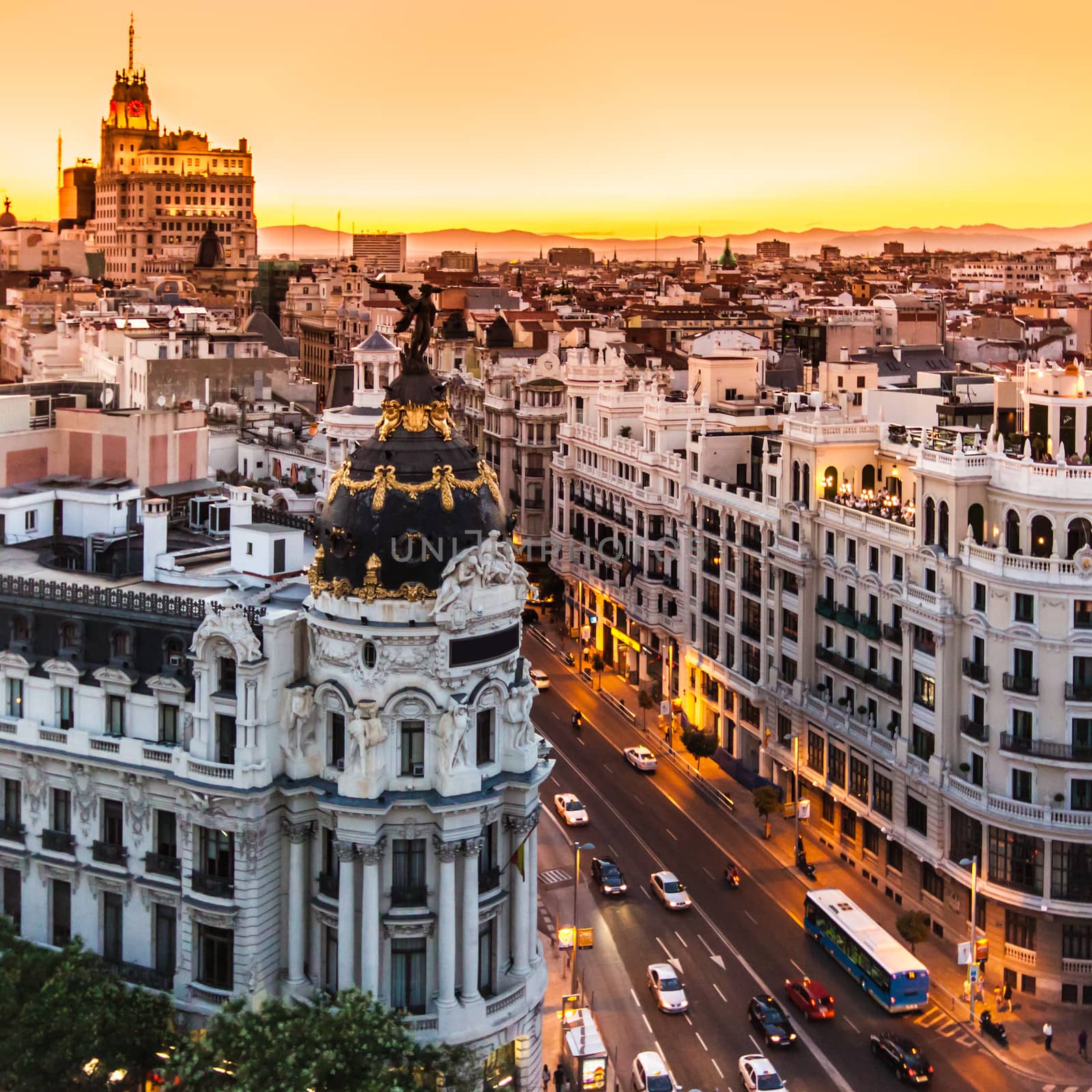 Panoramic aerial view of Gran Via, main shopping street in Madrid, capital of Spain, Europe.