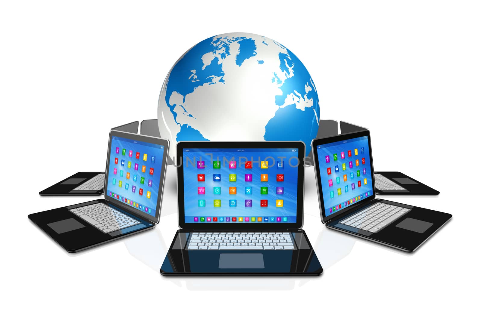 3D Laptop Computers around World Globe - apps icons interface - isolated on white