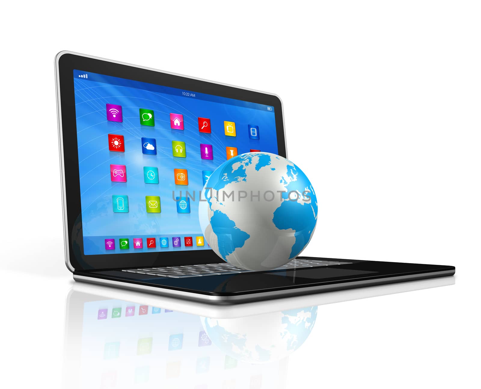 3D Laptop Computer and World Globe - apps icons interface - isolated on white with clipping path