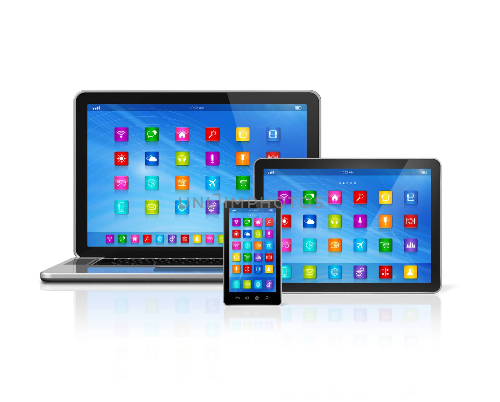 3D Smartphone, Digital Tablet Computer and Laptop isolated on white with clipping path