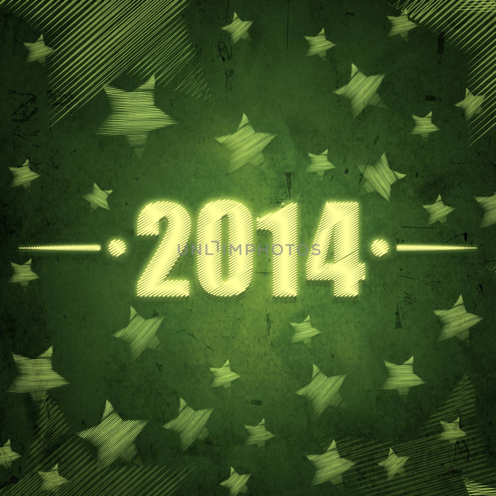 new year 2014, abstract green background with figures and illustrated striped stars, retro style holiday card