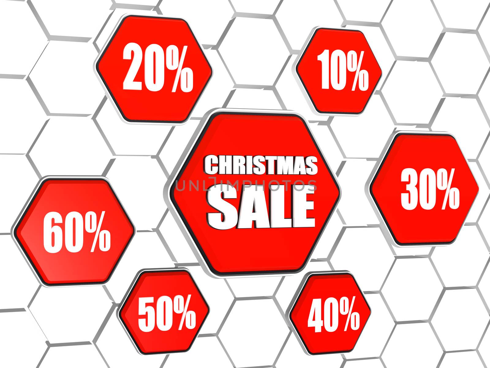 christmas sale and different percentages - white text and ciphers in 3d red hexagons buttons in cellular structure, business holiday concept