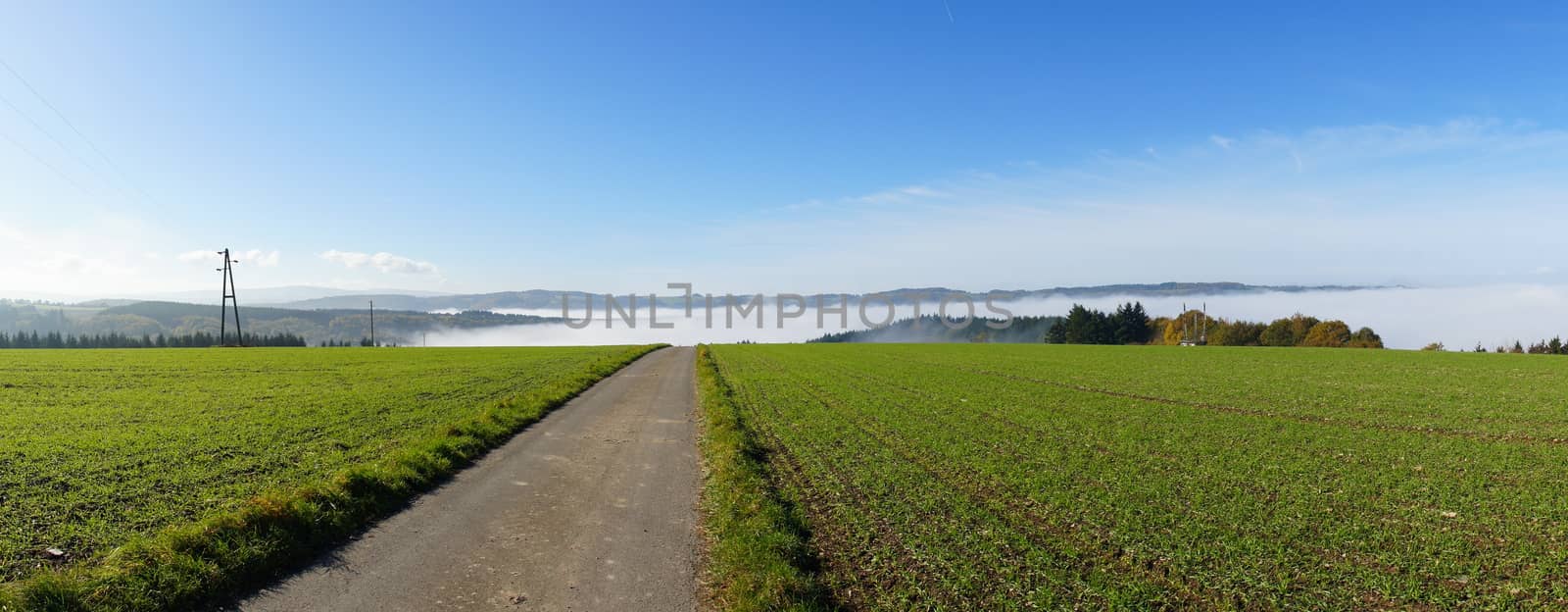 Panorama Feldwirtschaftsweg mit Blick auf den Nebel im Moseltal
