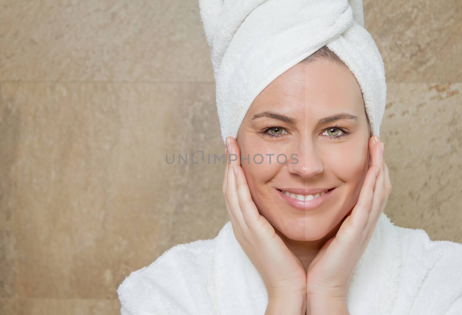 Portrait of beautiful young smiling woman before and after makeup