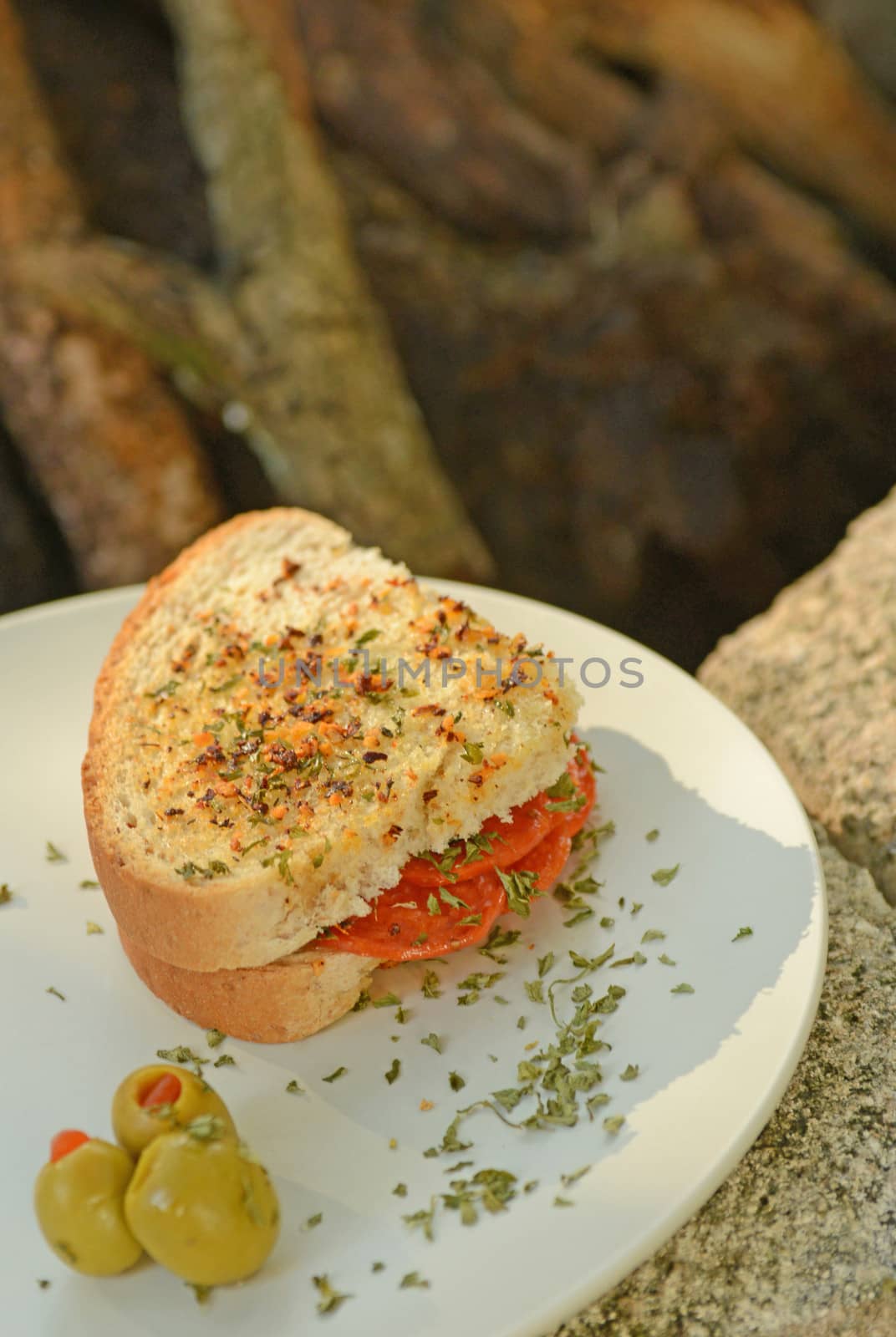 grilled pepperoni sandwich and herb bread
