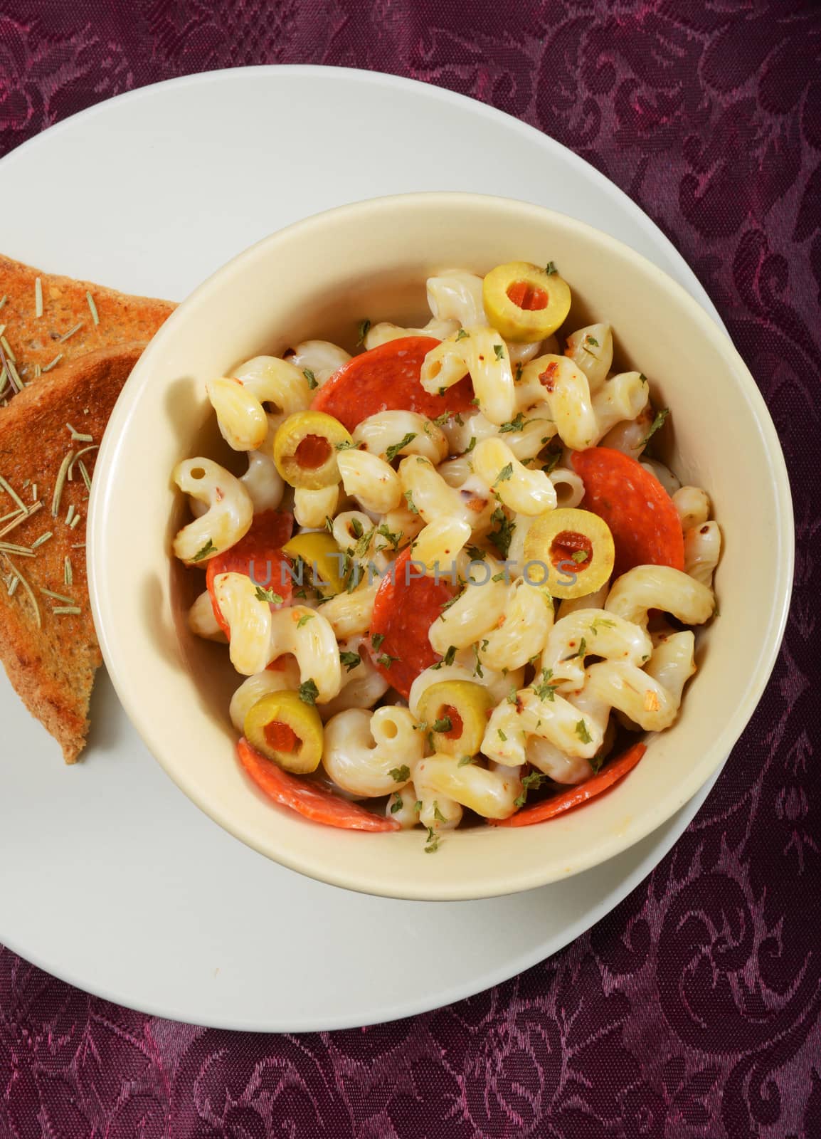 pepperoni pasta and garlic bread by ftlaudgirl