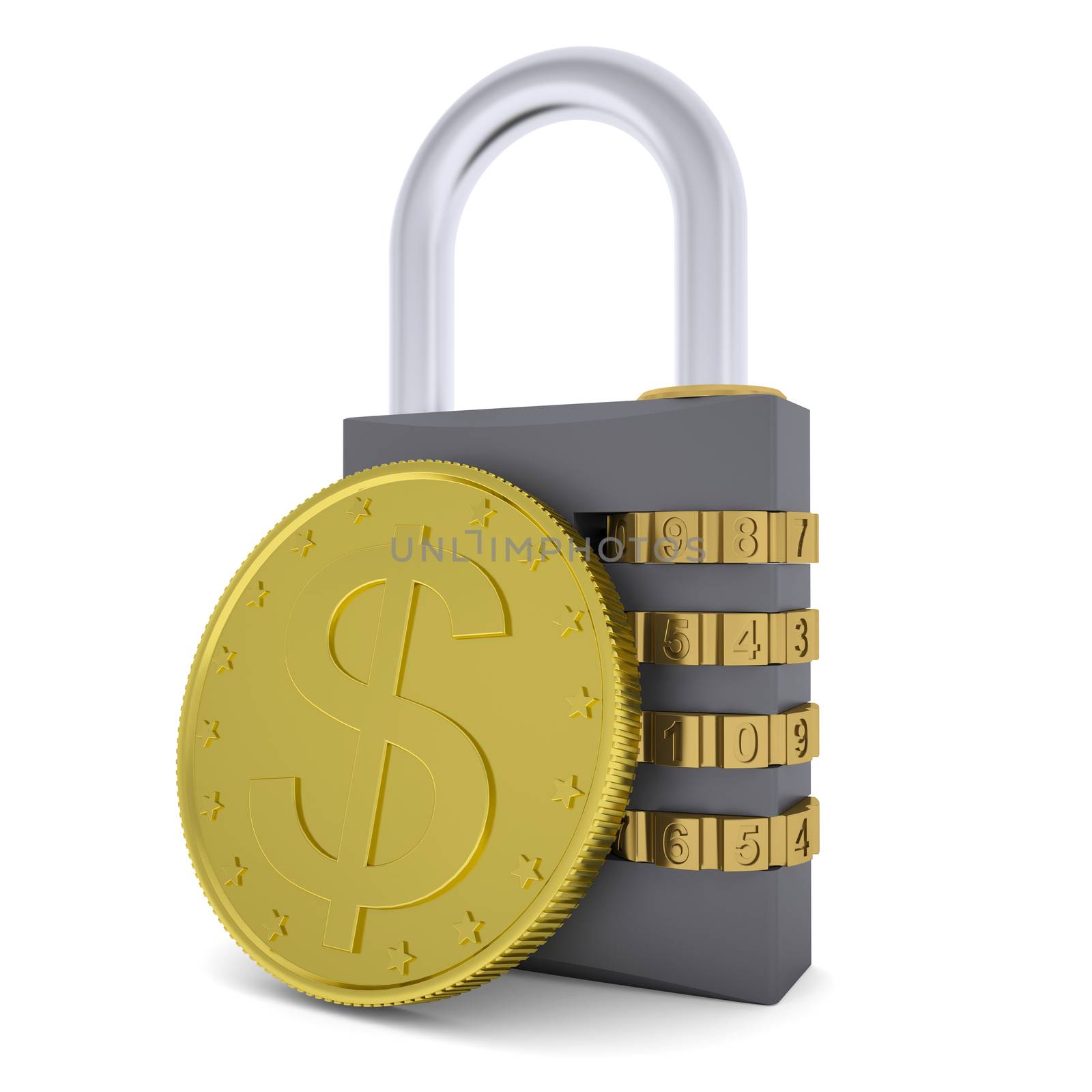 Golden Dollar and combination lock. 3d render isolated on white background