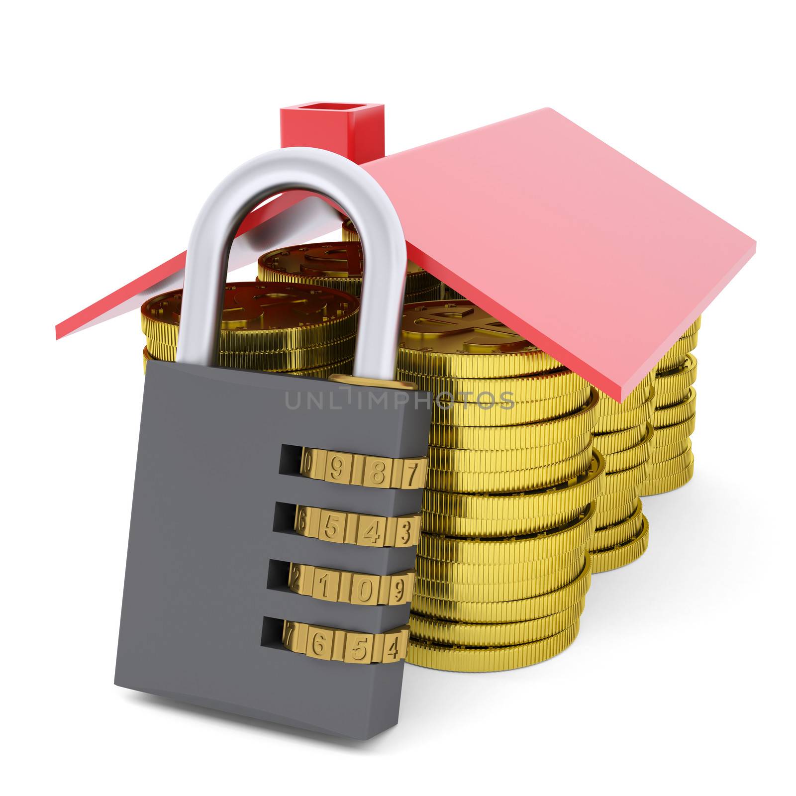 House made of dollars and combination lock. 3d render isolated on white background