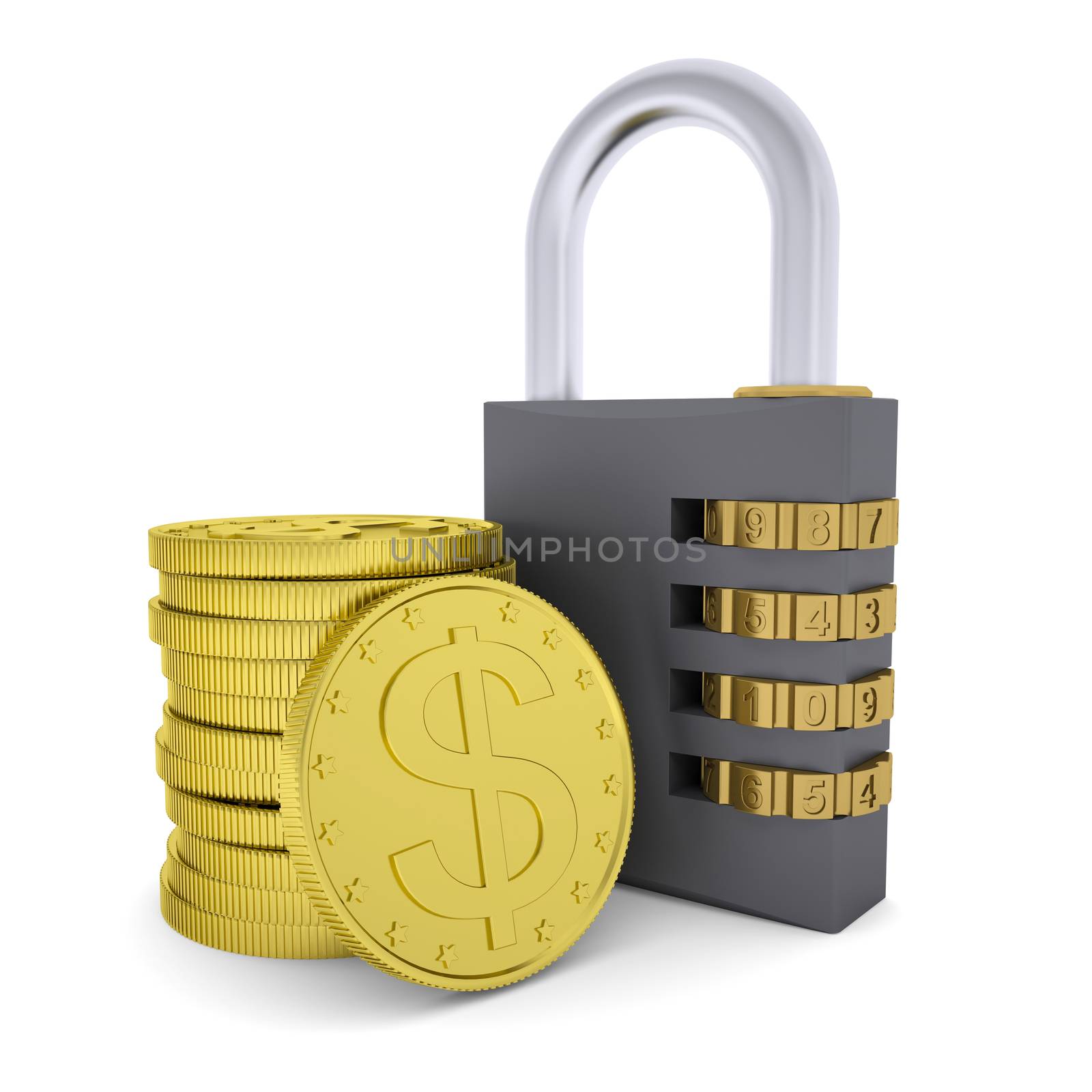 Golden Dollars and combination lock. 3d render isolated on white background
