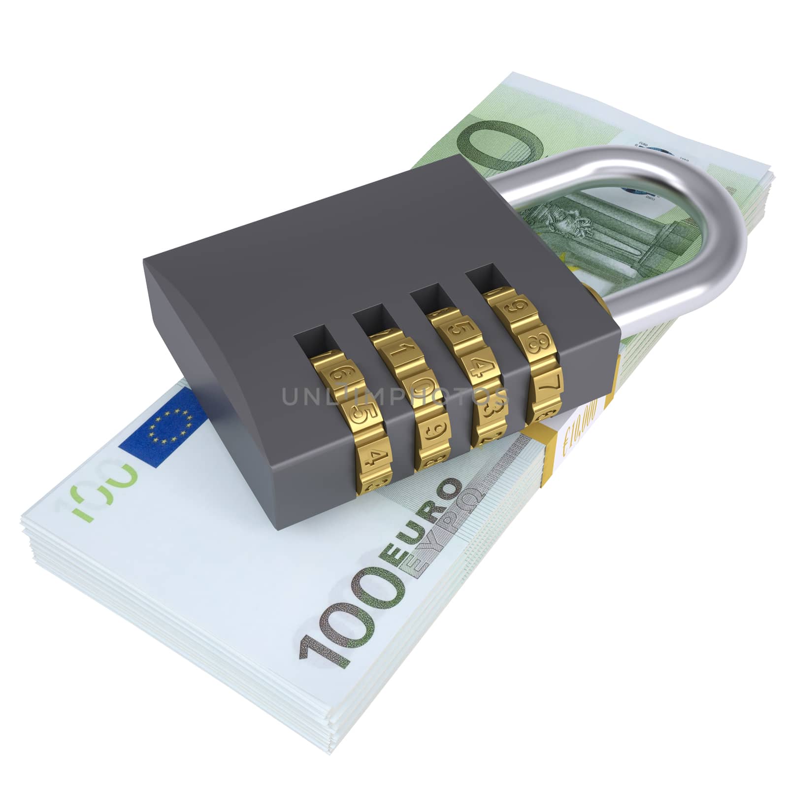 Combination lock on a pack of lies euros. 3d render isolated on white background