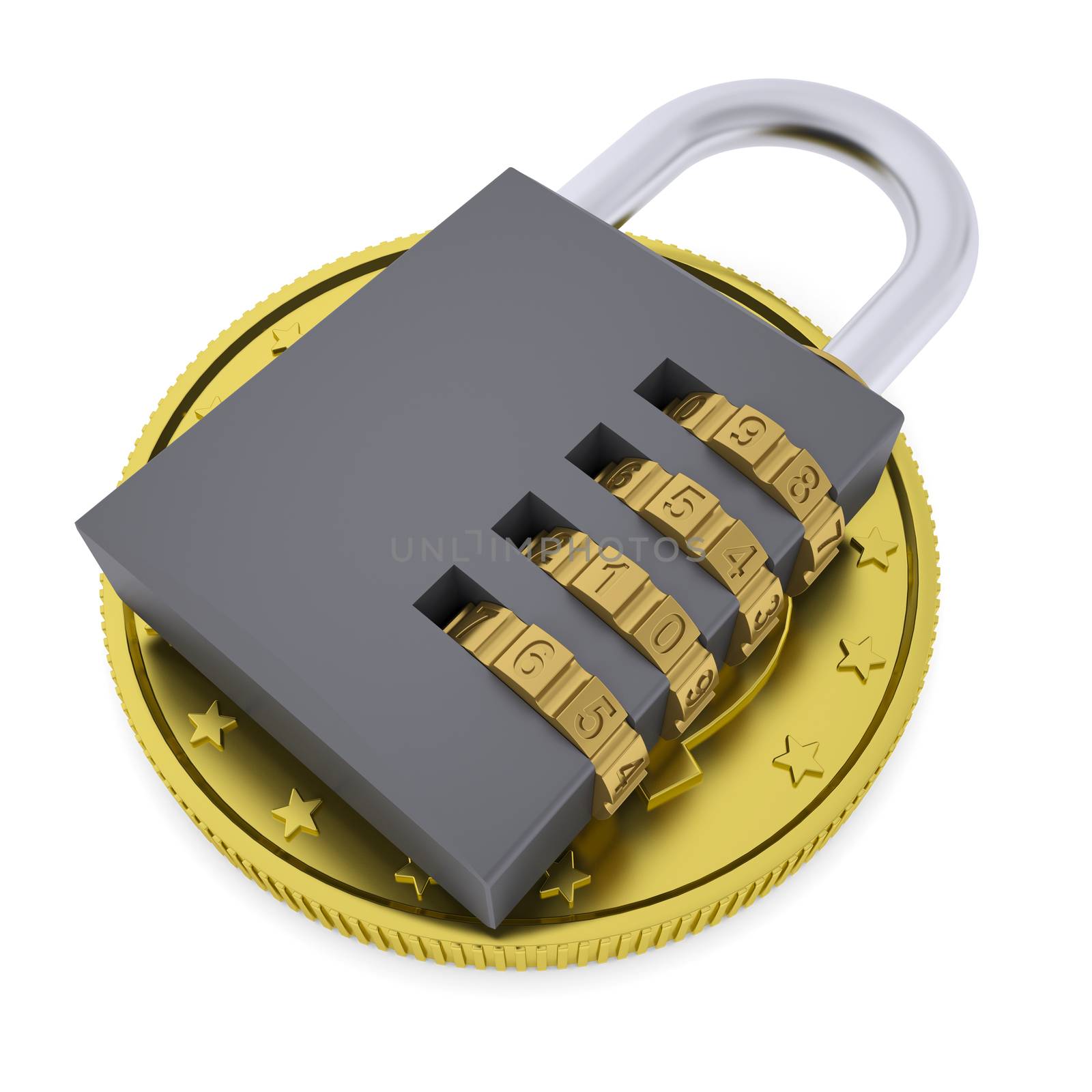 Golden Dollar and combination lock. 3d render isolated on white background