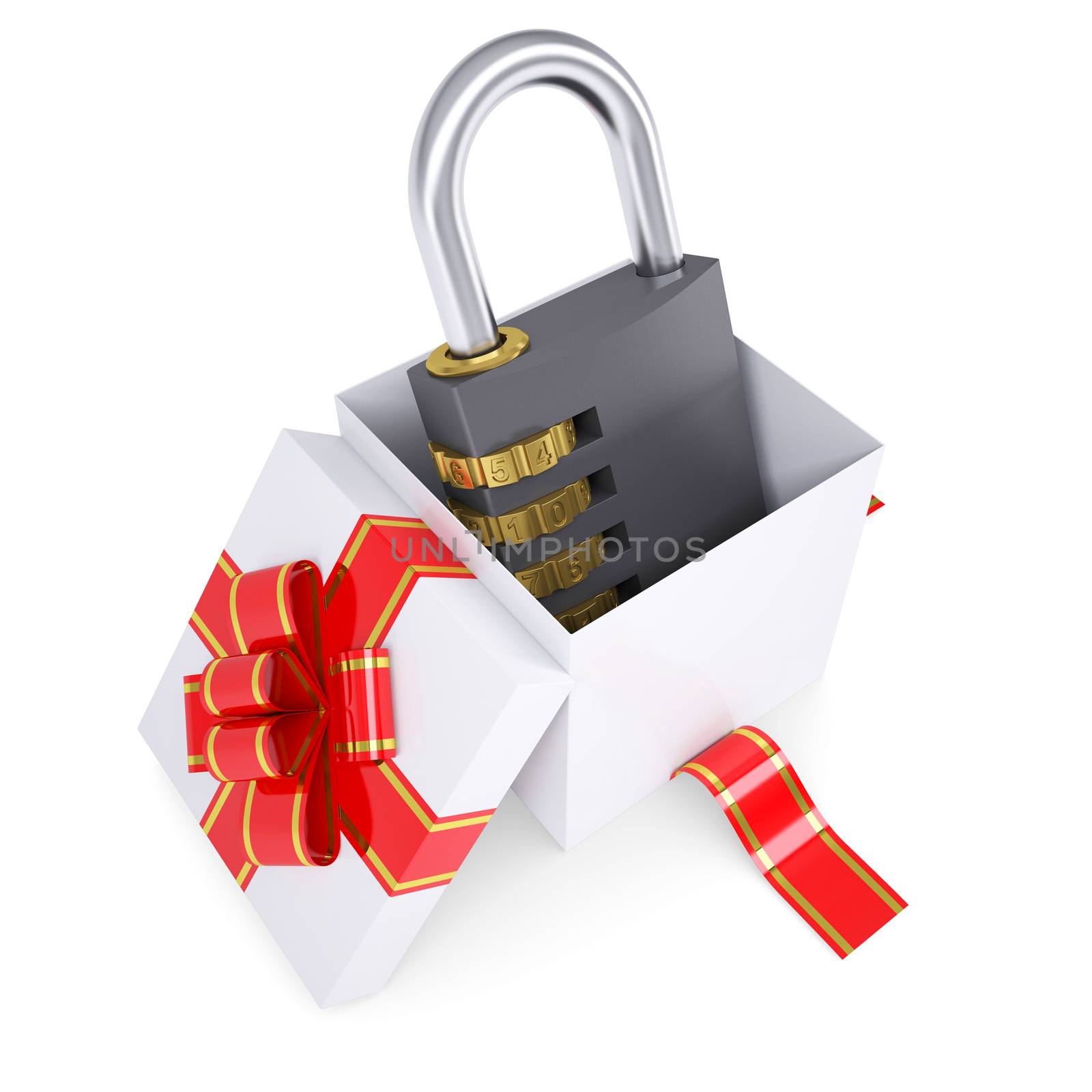 Combination lock in a gift box. 3d render isolated on white background