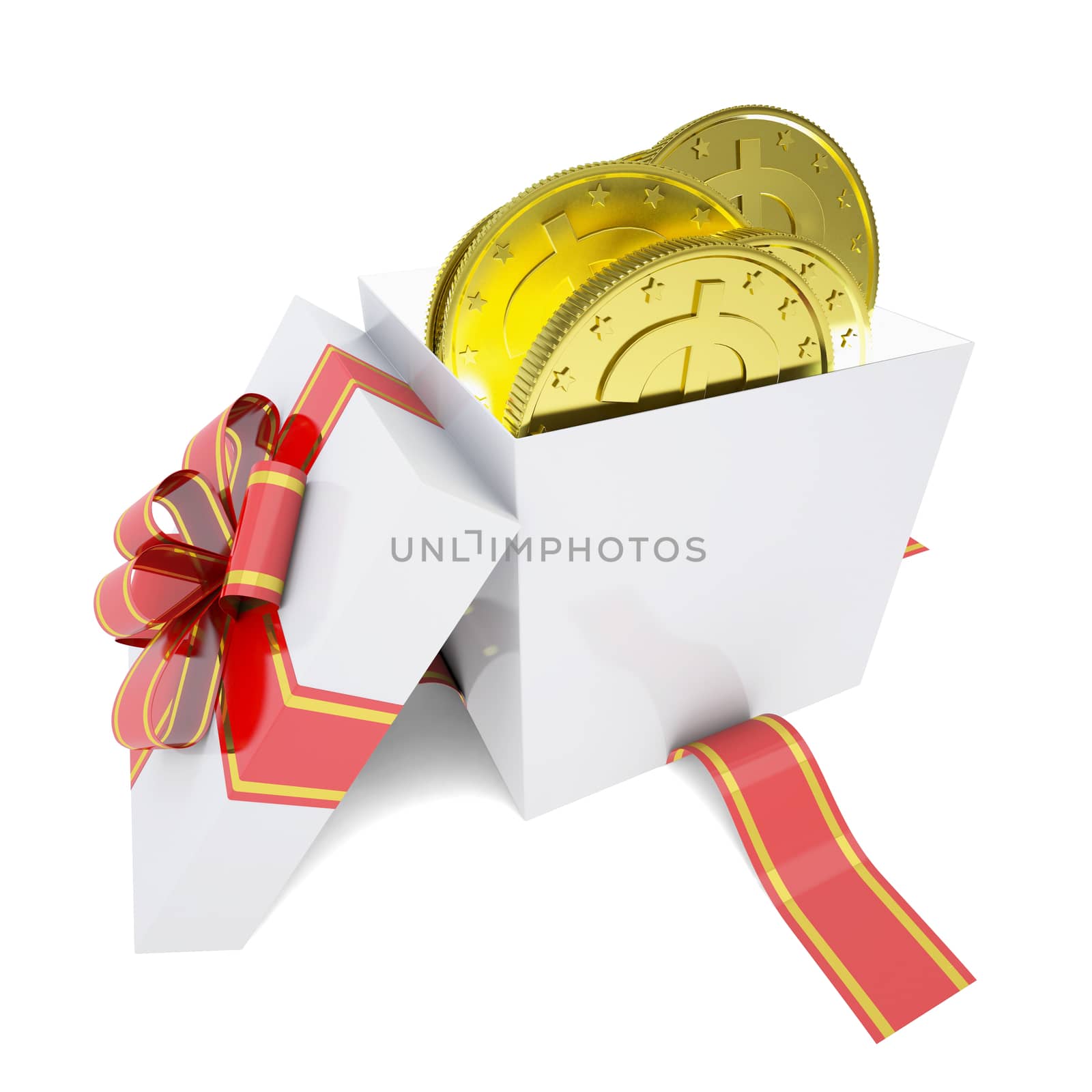 Gold coins in a gift box. 3d render isolated on white background