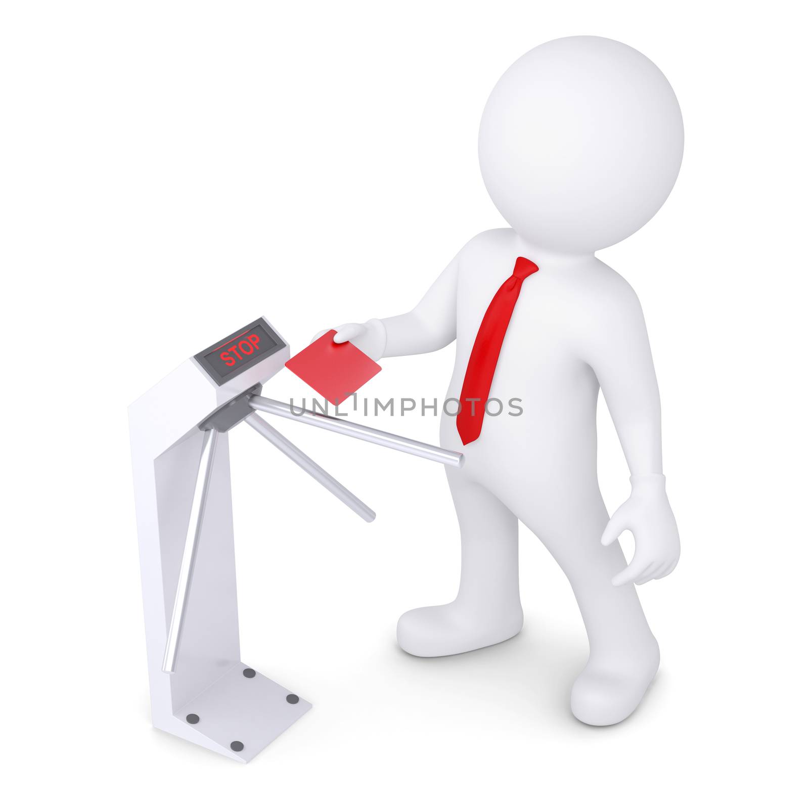 3d white person and a turnstile. 3d render isolated on white background