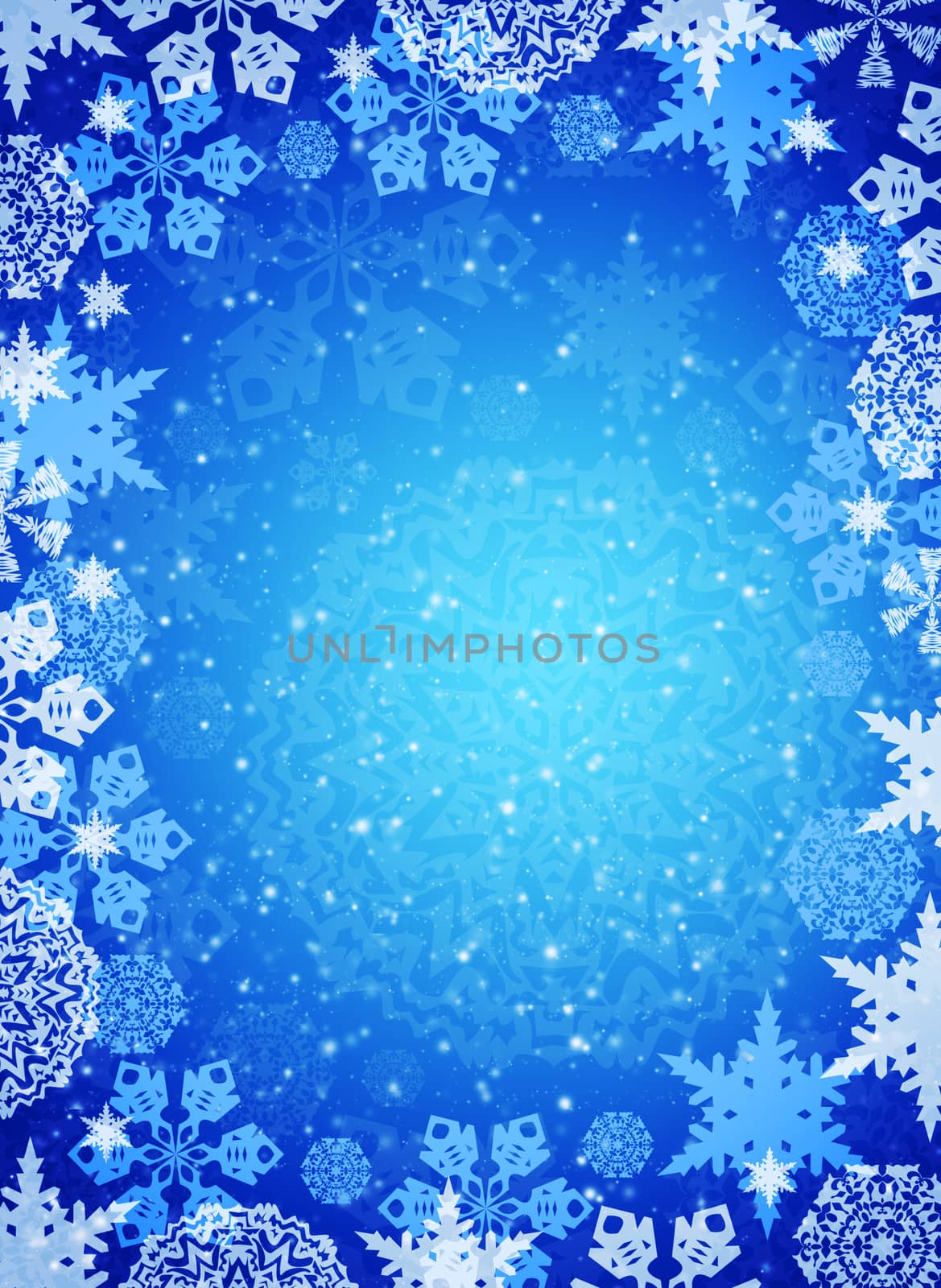 Christmas frame. White snowflakes on the blue background