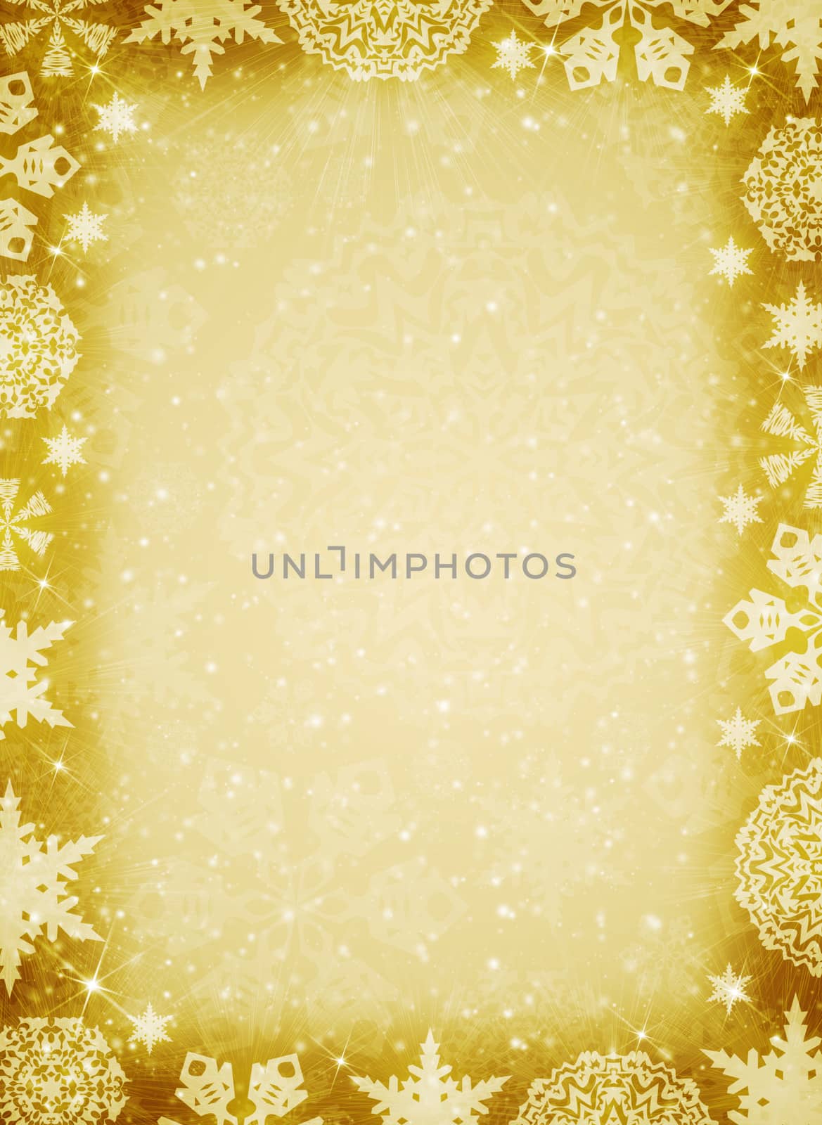 Christmas frame. White snowflakes on the yellow background