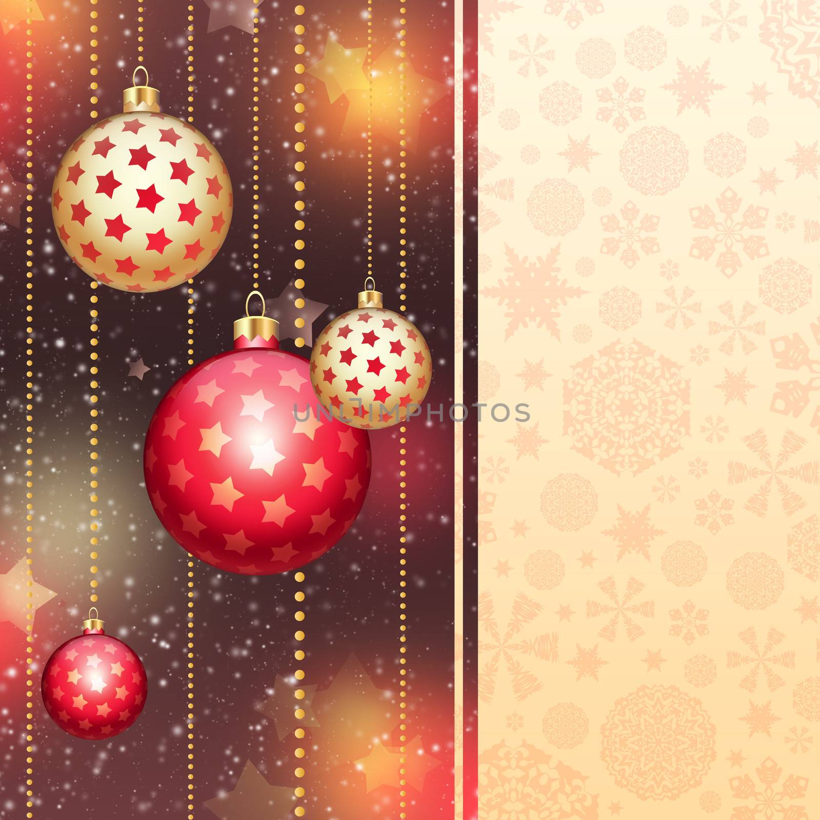 New Year's background. Christmas balls and snowflakes on a abstract background