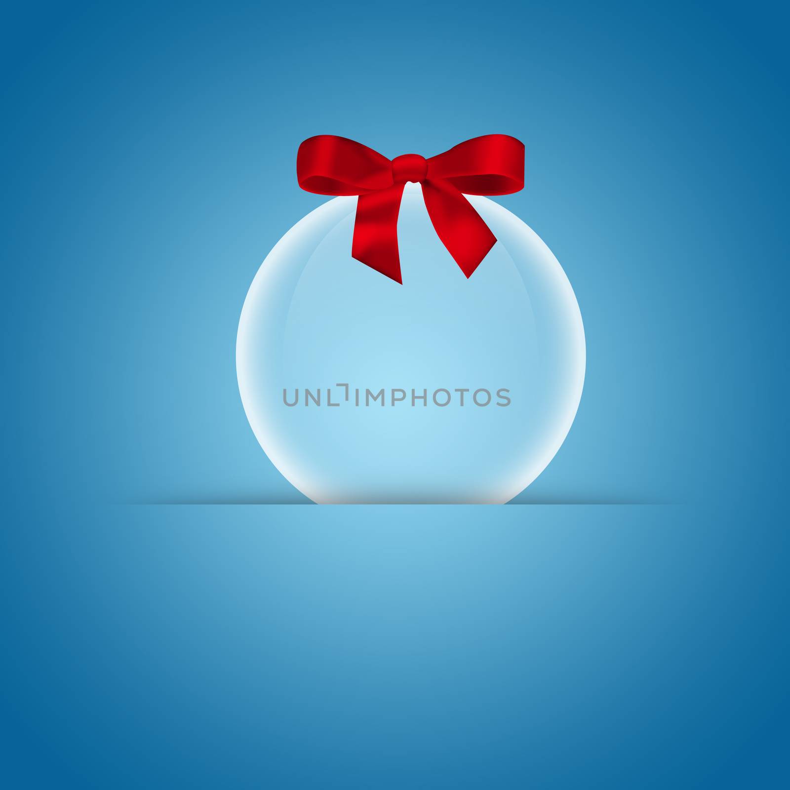 Transparent Christmas ball with red ribbon on blue background