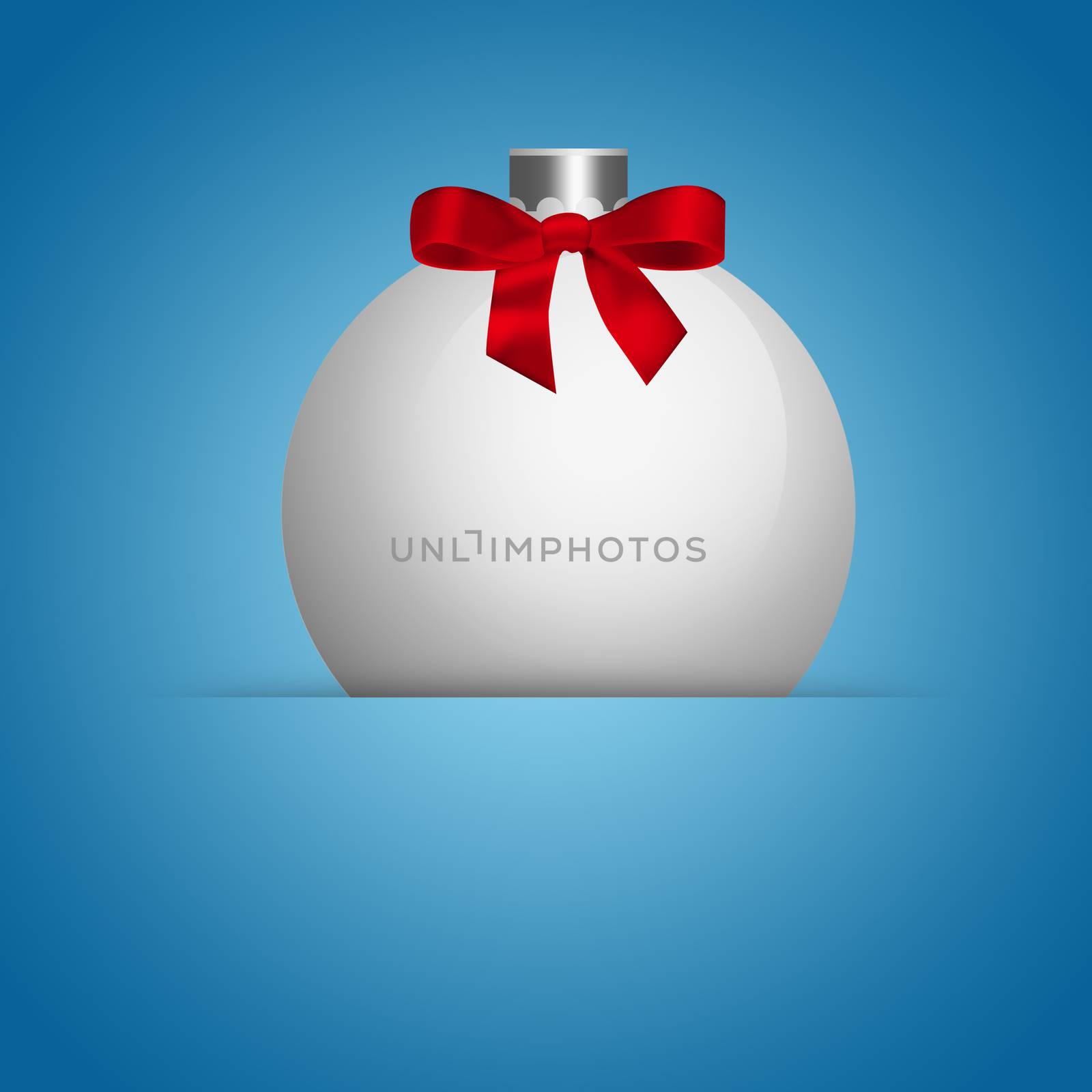 Christmas ball with red ribbon on blue background