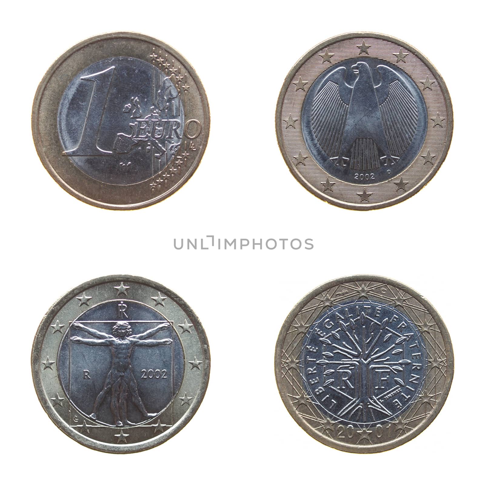 One Euro coin common side and Germany France Italy side