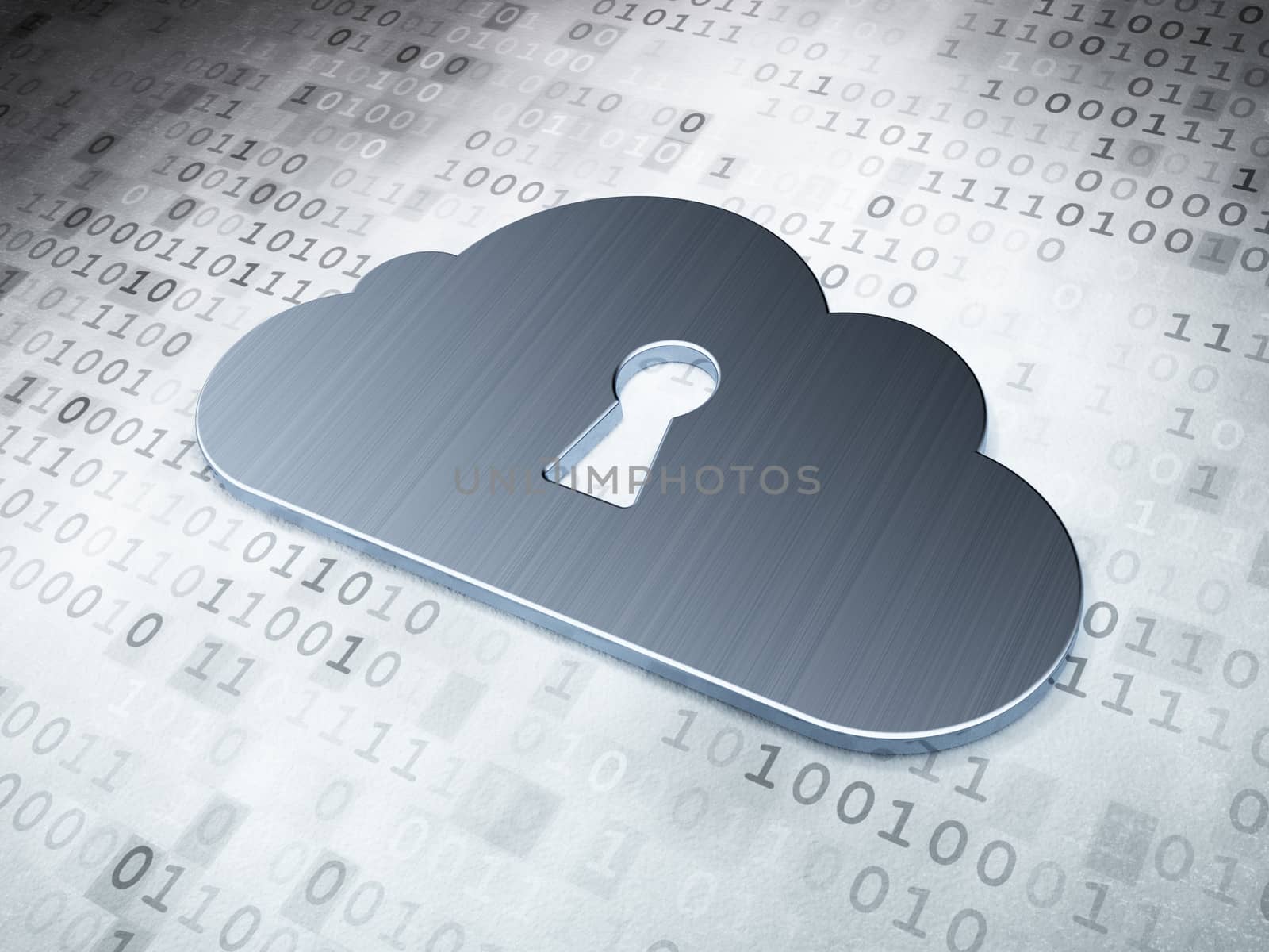 Cloud computing concept: Silver Cloud With Keyhole on digital background, 3d render