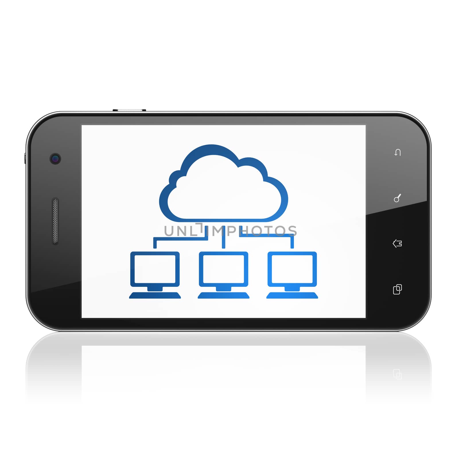 Cloud technology concept: smartphone with Cloud Network icon on display. Mobile smart phone on White background, cell phone 3d render