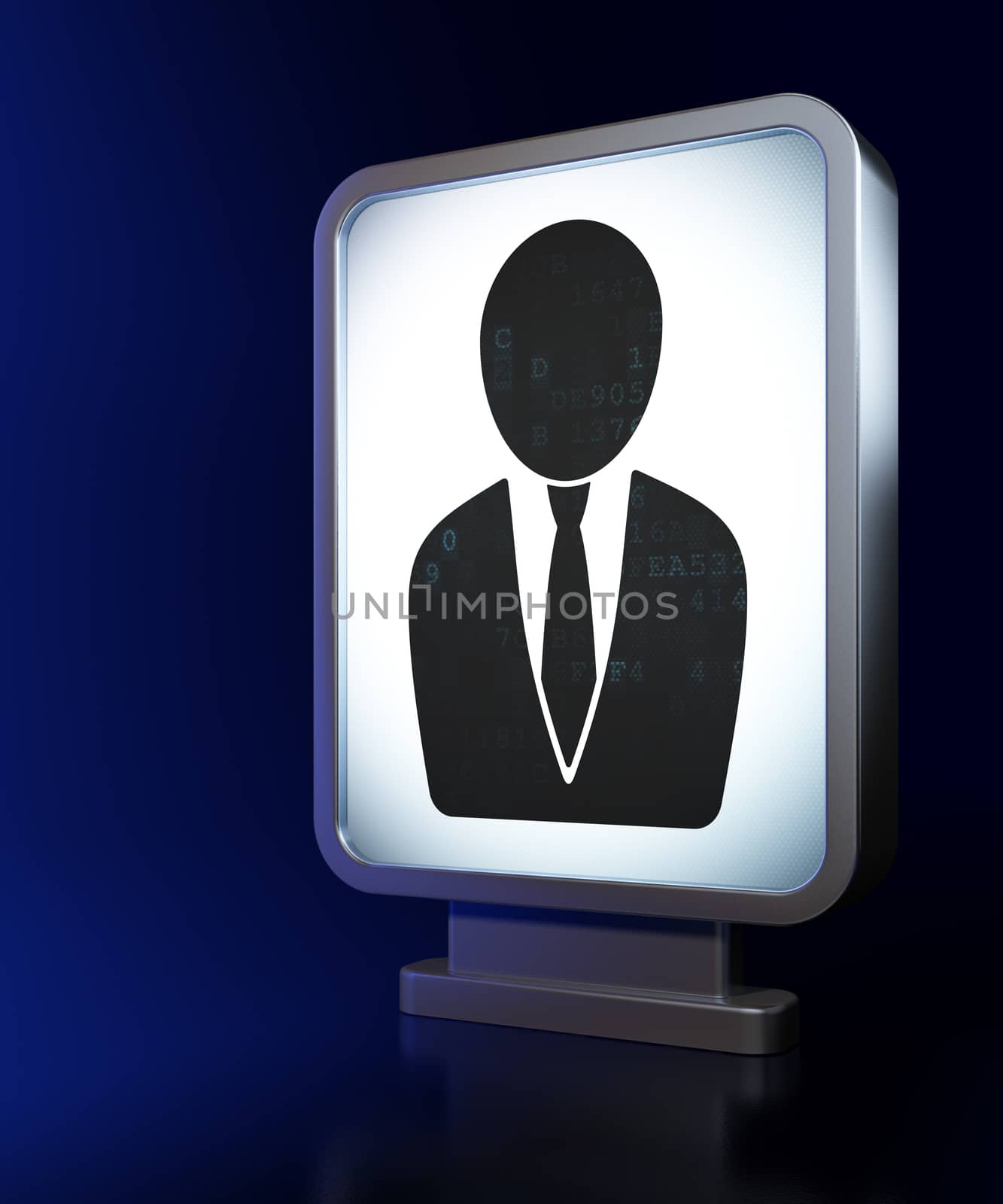 Advertising concept: Business Man on advertising billboard background, 3d render