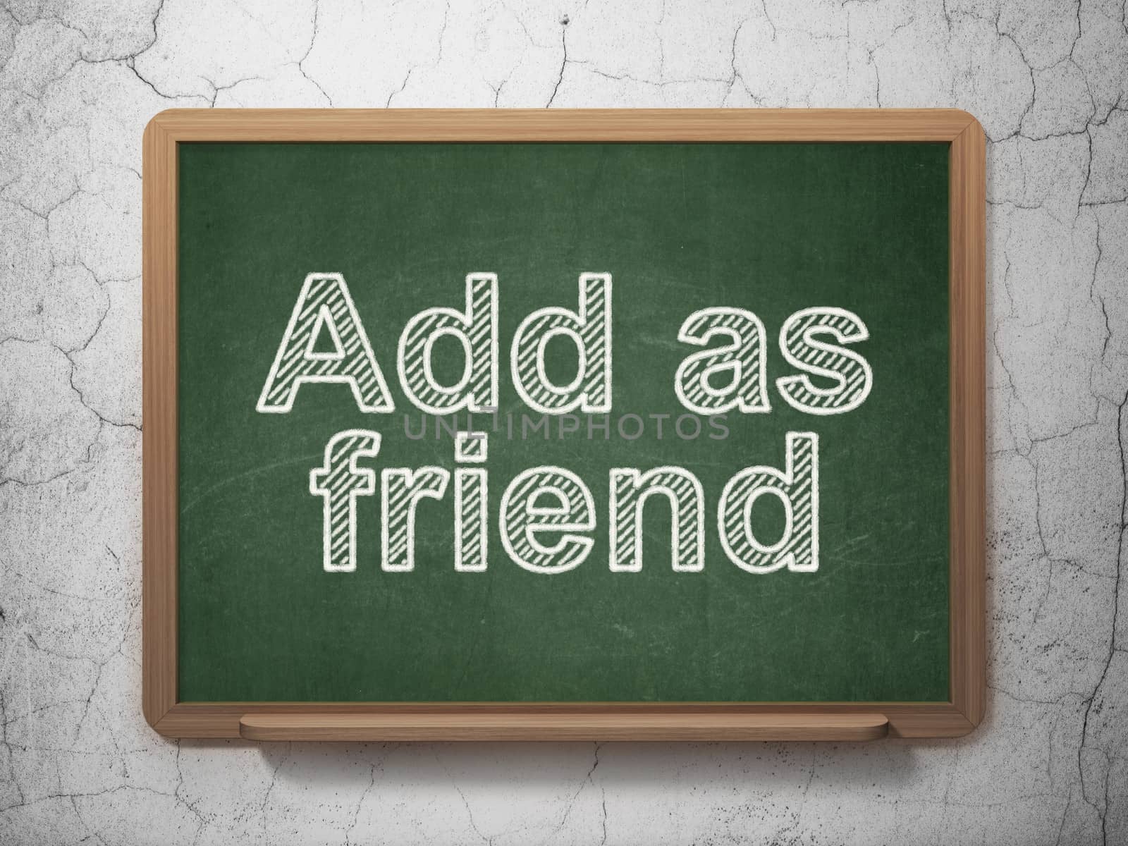 Social network concept: text Add as Friend on Green chalkboard on grunge wall background, 3d render