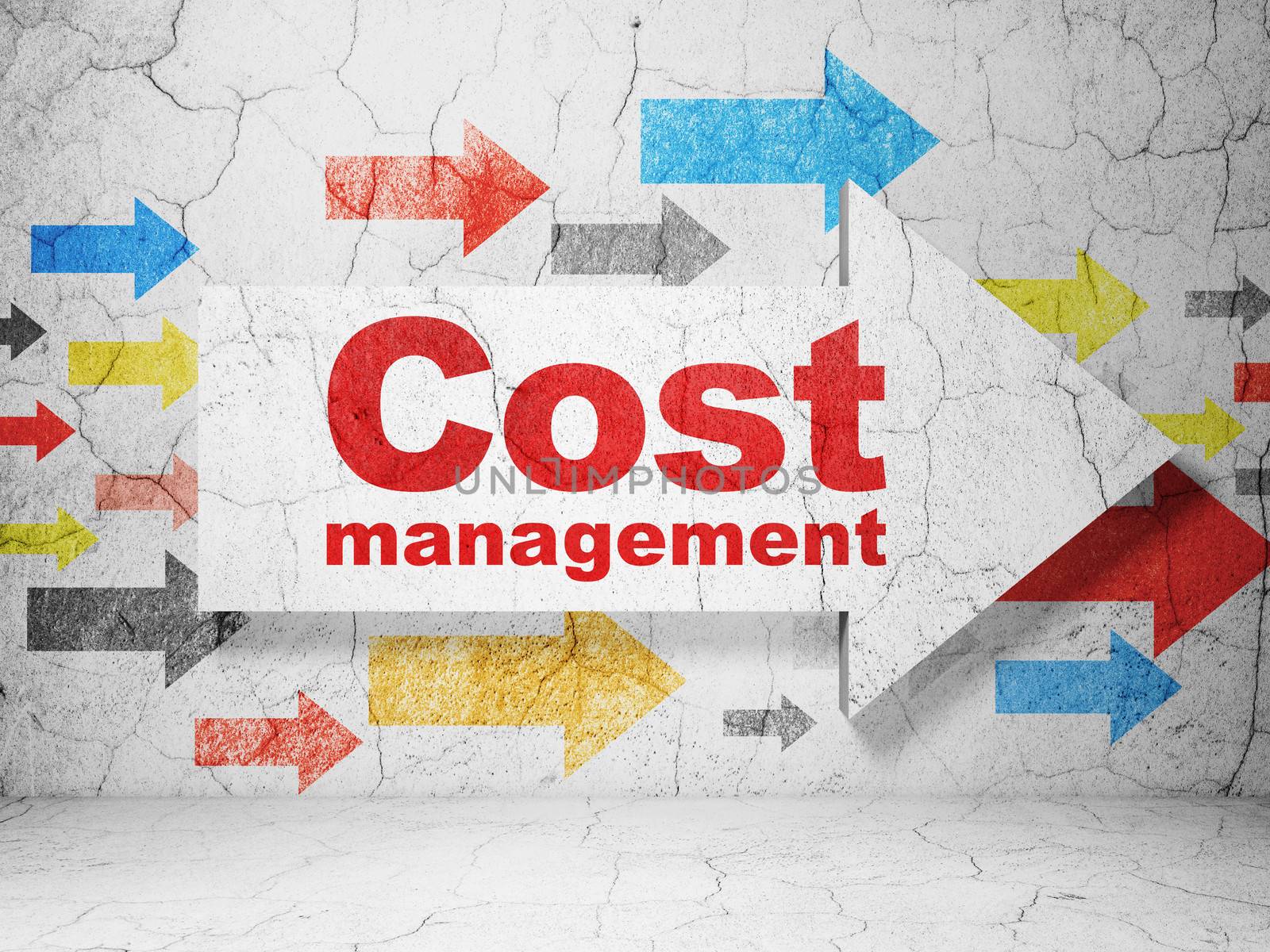 Business concept:  arrow with Cost Management on grunge textured concrete wall background, 3d render