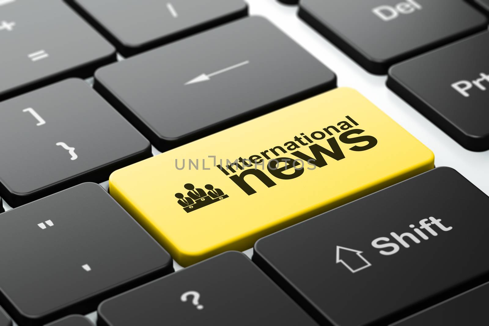 News concept: computer keyboard with Business Team icon and word International News, selected focus on enter button, 3d render