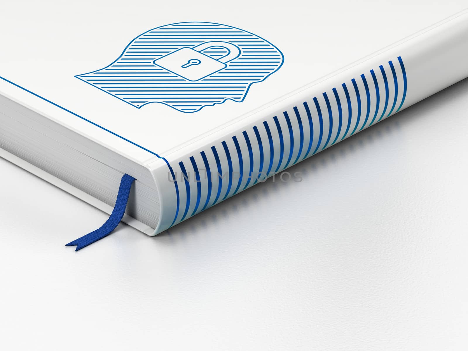 Business concept: closed book with Blue Head With Padlock icon on floor, white background, 3d render