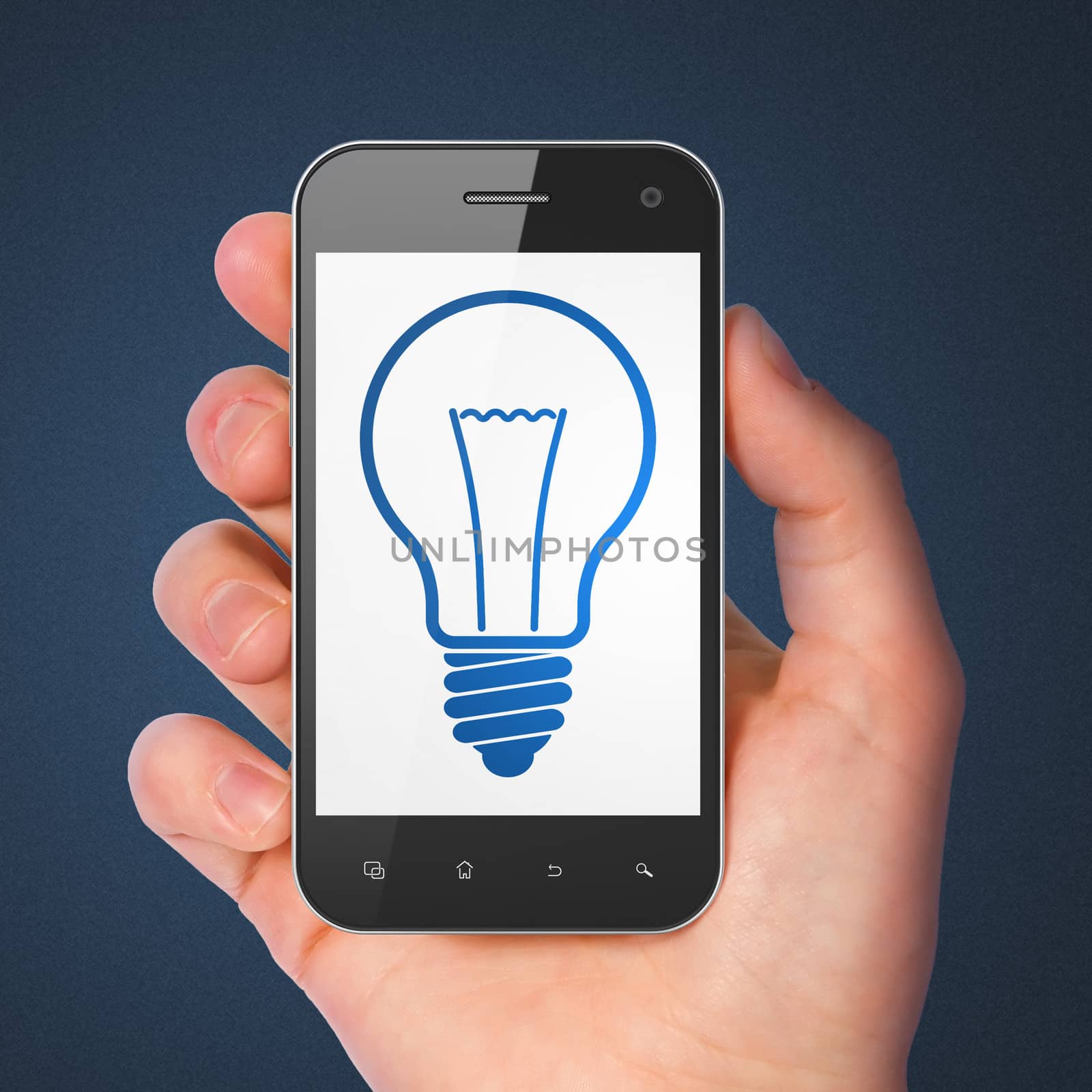 Business concept: hand holding smartphone with Light Bulb on display. Mobile smart phone on Blue background, 3d render