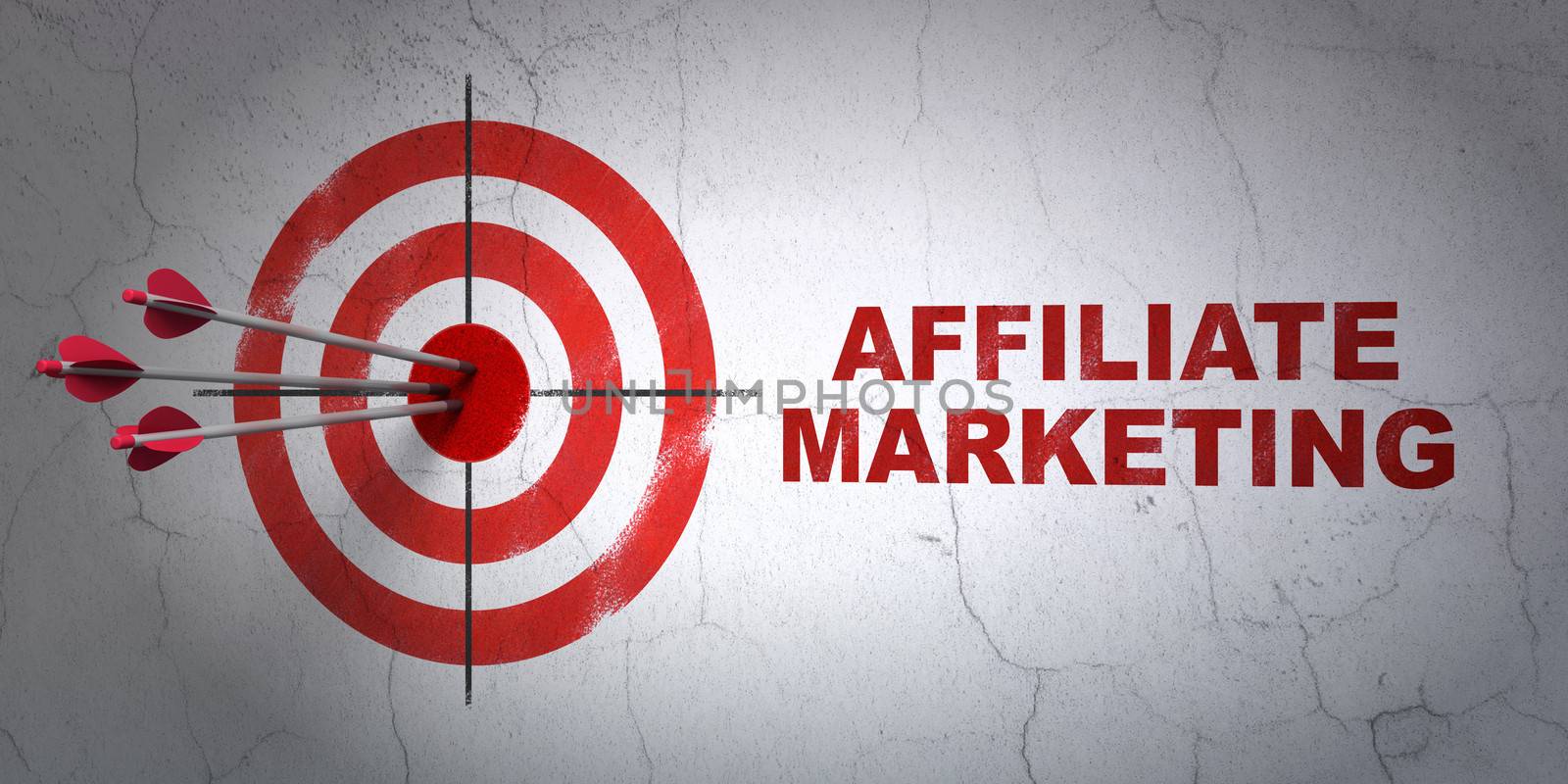 Success finance concept: arrows hitting the center of target, Red Affiliate Marketing on wall background, 3d render