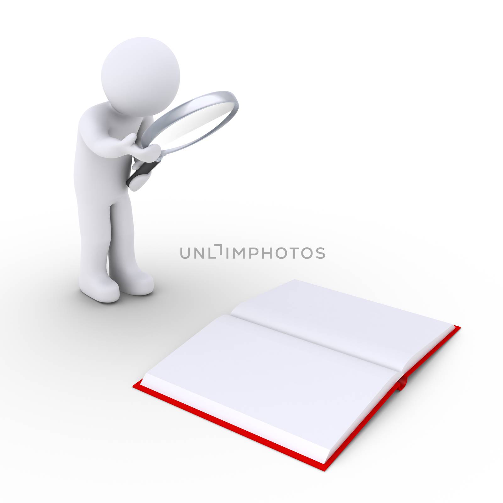 3d person with a magnifying glass is looking at a book