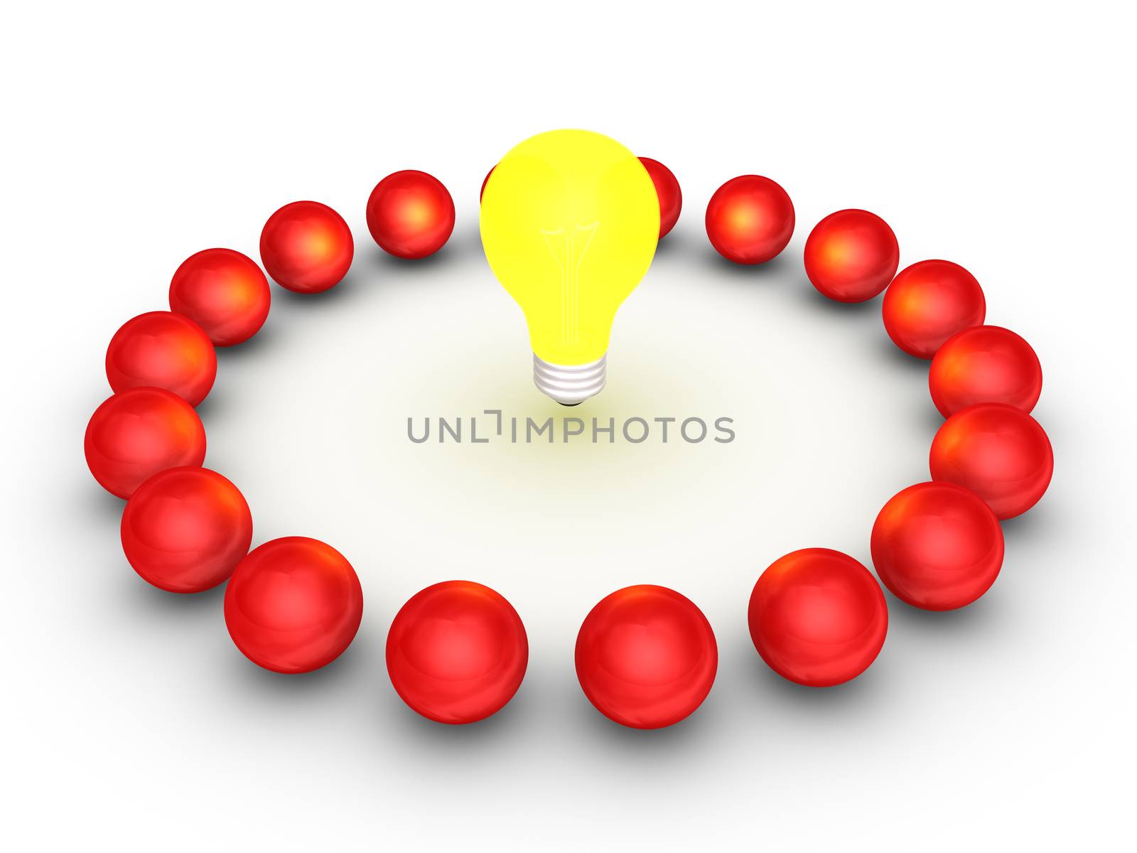 Many 3d spheres around a bright light bulb