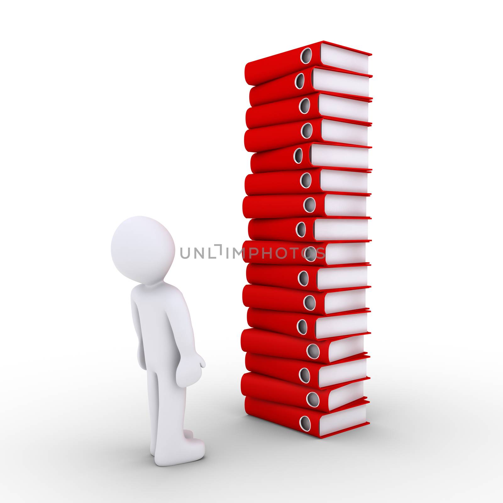 3d person is looking up at a pile of folders