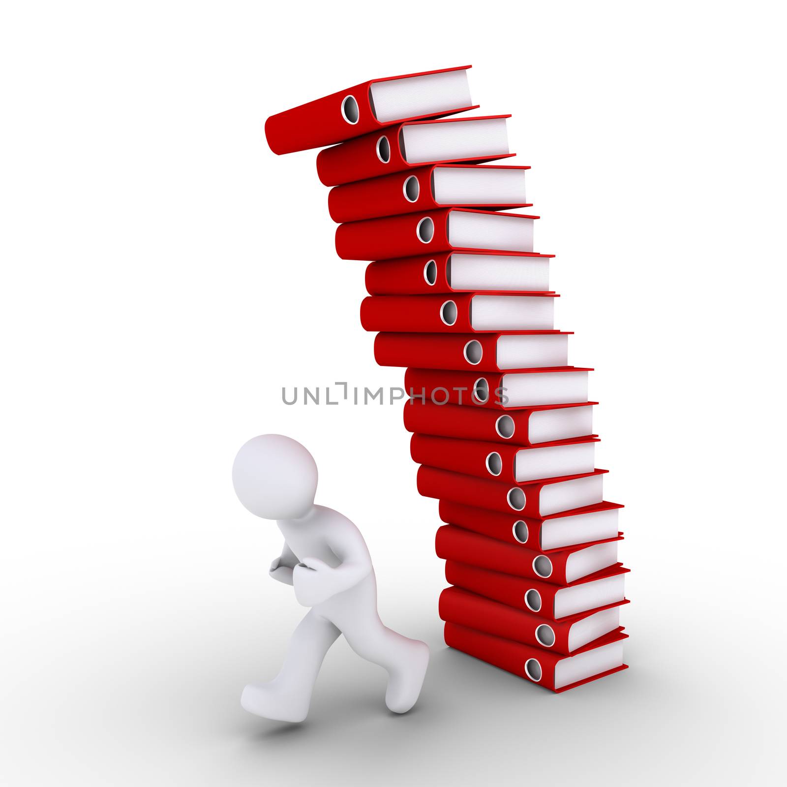 3d person is running away from falling pile of folders