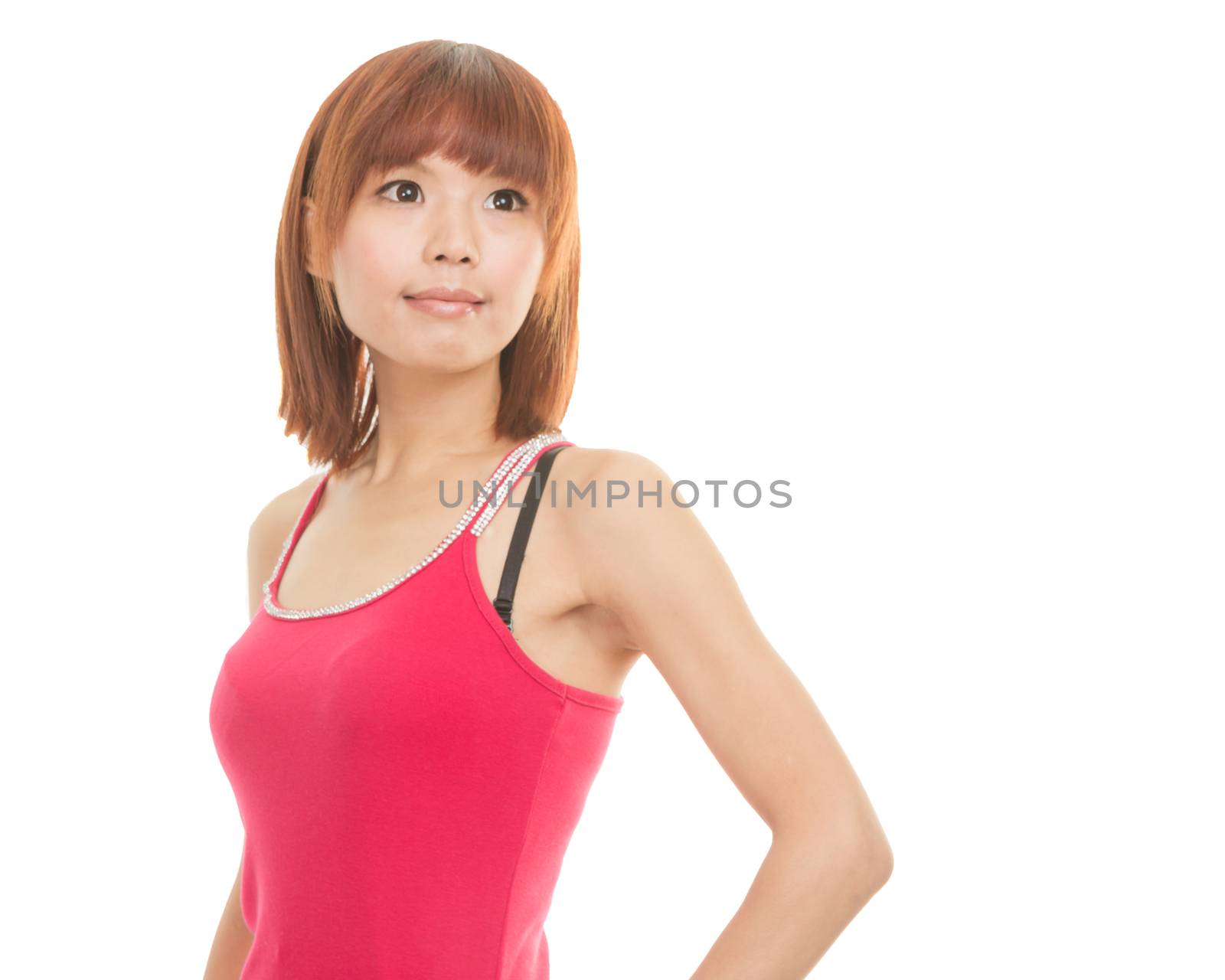 Chinese female in red dress looking away from camera