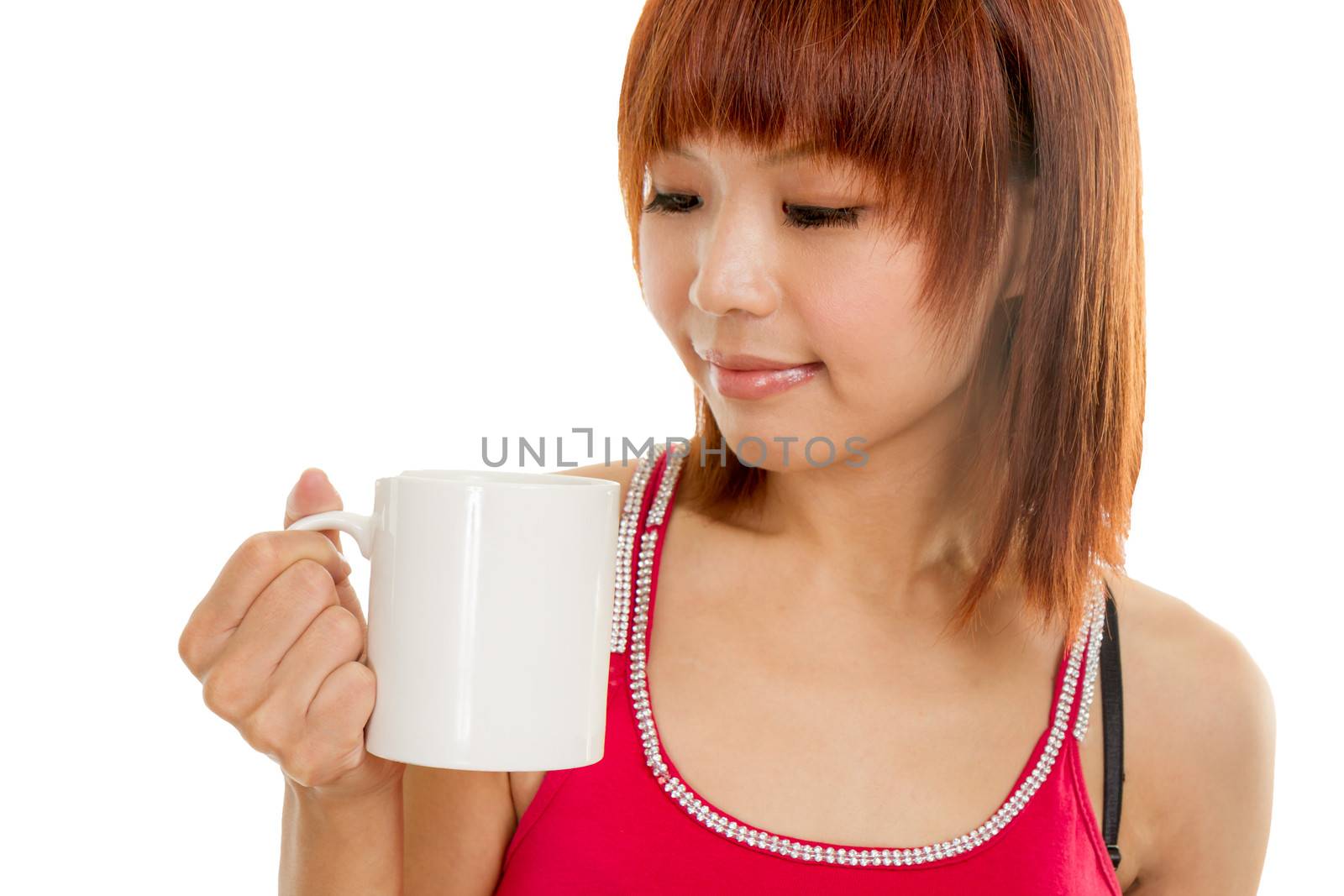 Chinese female in red dress with coffee cup