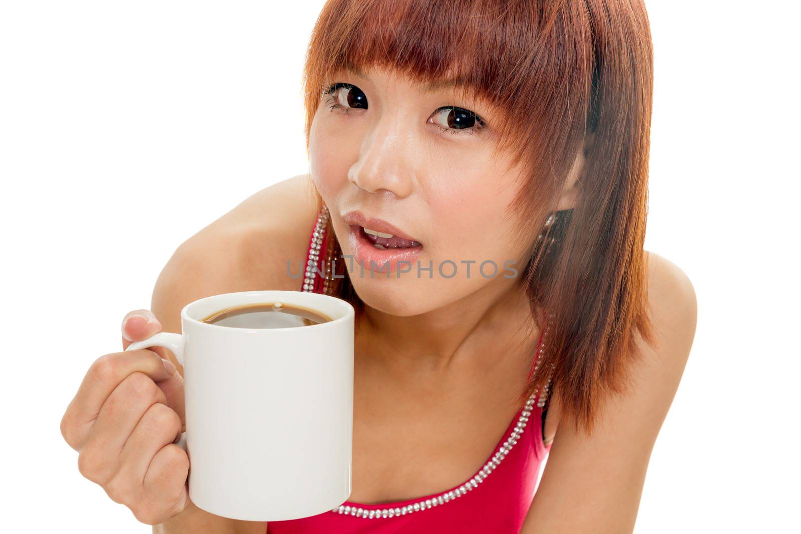 Chinese female in red dress with coffee cup