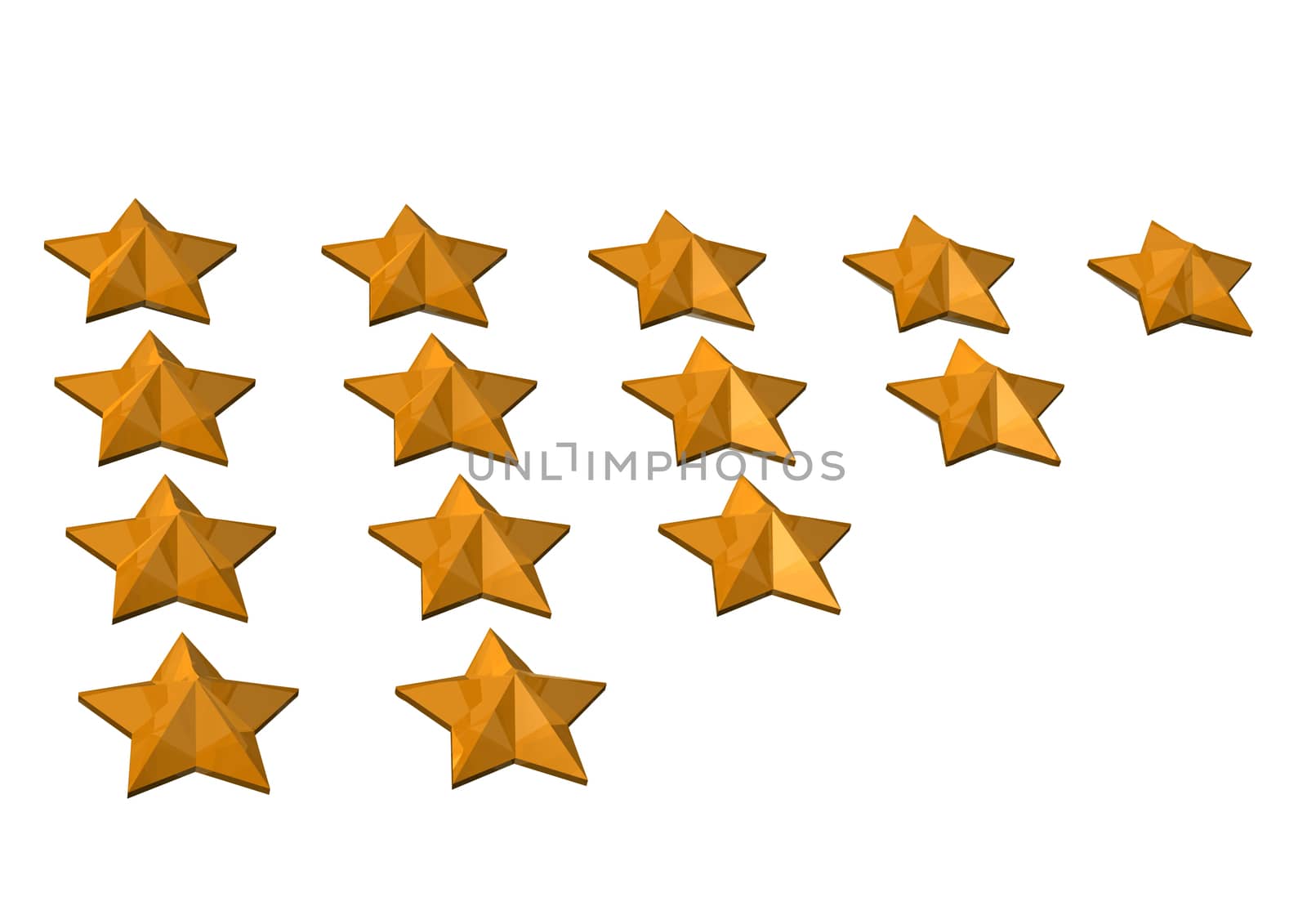 Gold Stars. Isolated on white. Three dimensional render.