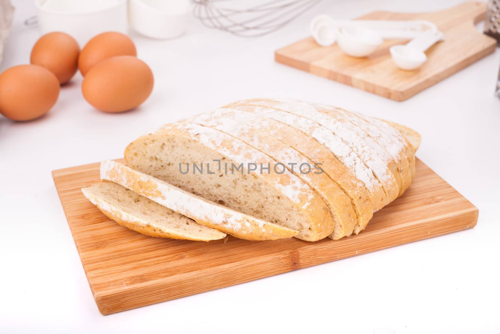 Fresh bread, cut into strips Placed on the table along with equipment for the bakery.