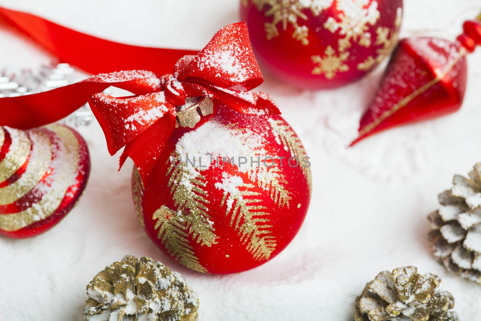 Christmas ball with red bow and ribbon