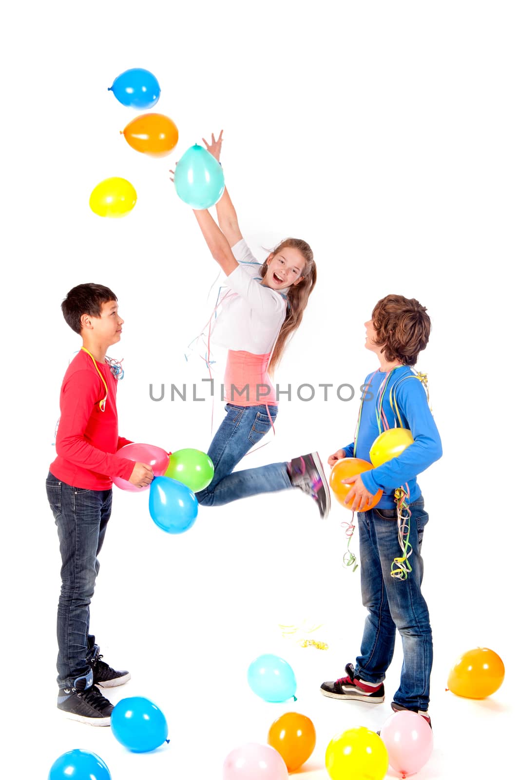a birthday girl with two friends and balloons on a white background