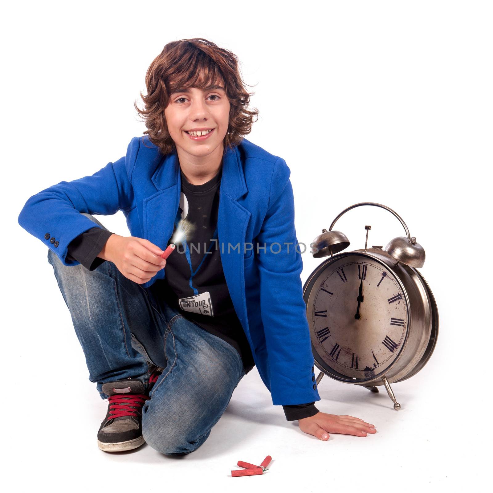 a teenage boy with fireworks on new years eve, on a white background